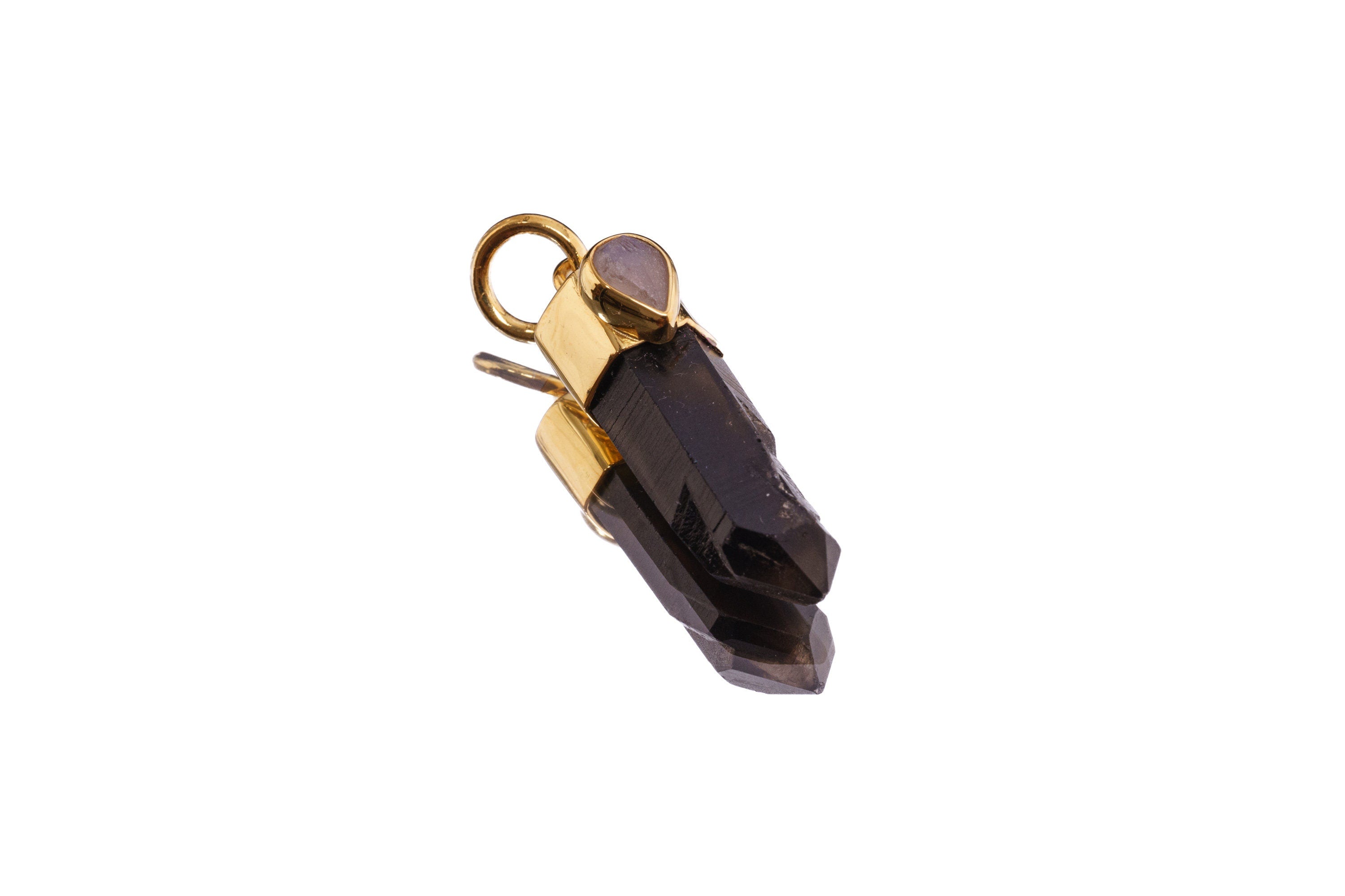 Smoky Lemurian Quartz pendant shown on white background with dark crystal point and gold-plated cap.