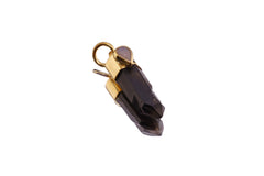 Smoky Lemurian Quartz pendant shown on white background with dark crystal point and gold-plated cap.