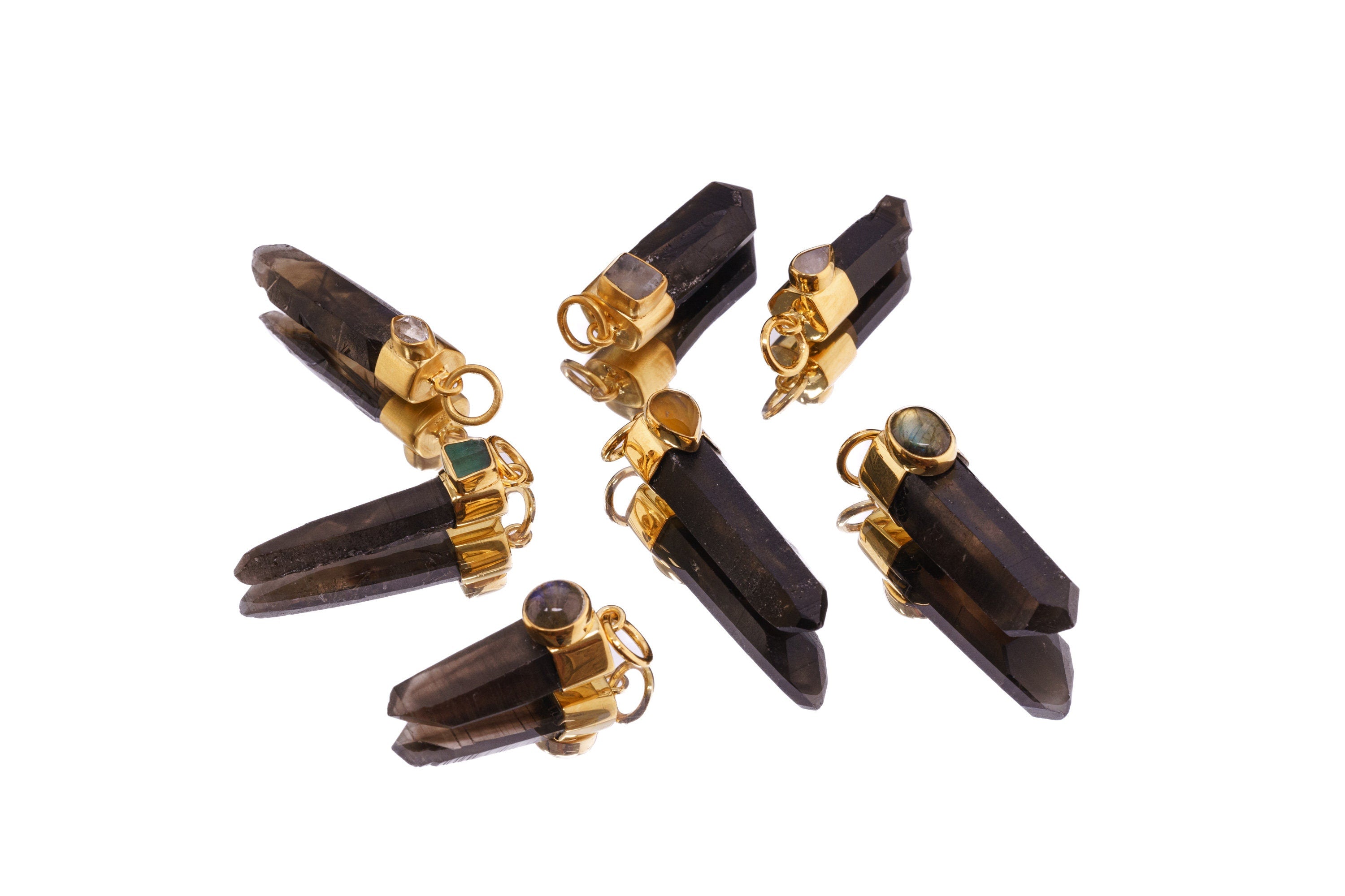Gold Plated Sterling Silver Pendant with Australian Dark Smokey Lemurian Quartz Point & Raw Blue Teardrop Moonstone Elegant Crystal Necklace