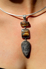 Three Stone Pyrite, Amber & Orange Kyanite - Textured 925 Sterling Silver - Crystal Pendant Neckpiece