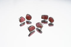 Gem Rhodochrosite Stud - Textured Finish - organic shaped Pair - Sterling Silver - Freeform Earring Studs