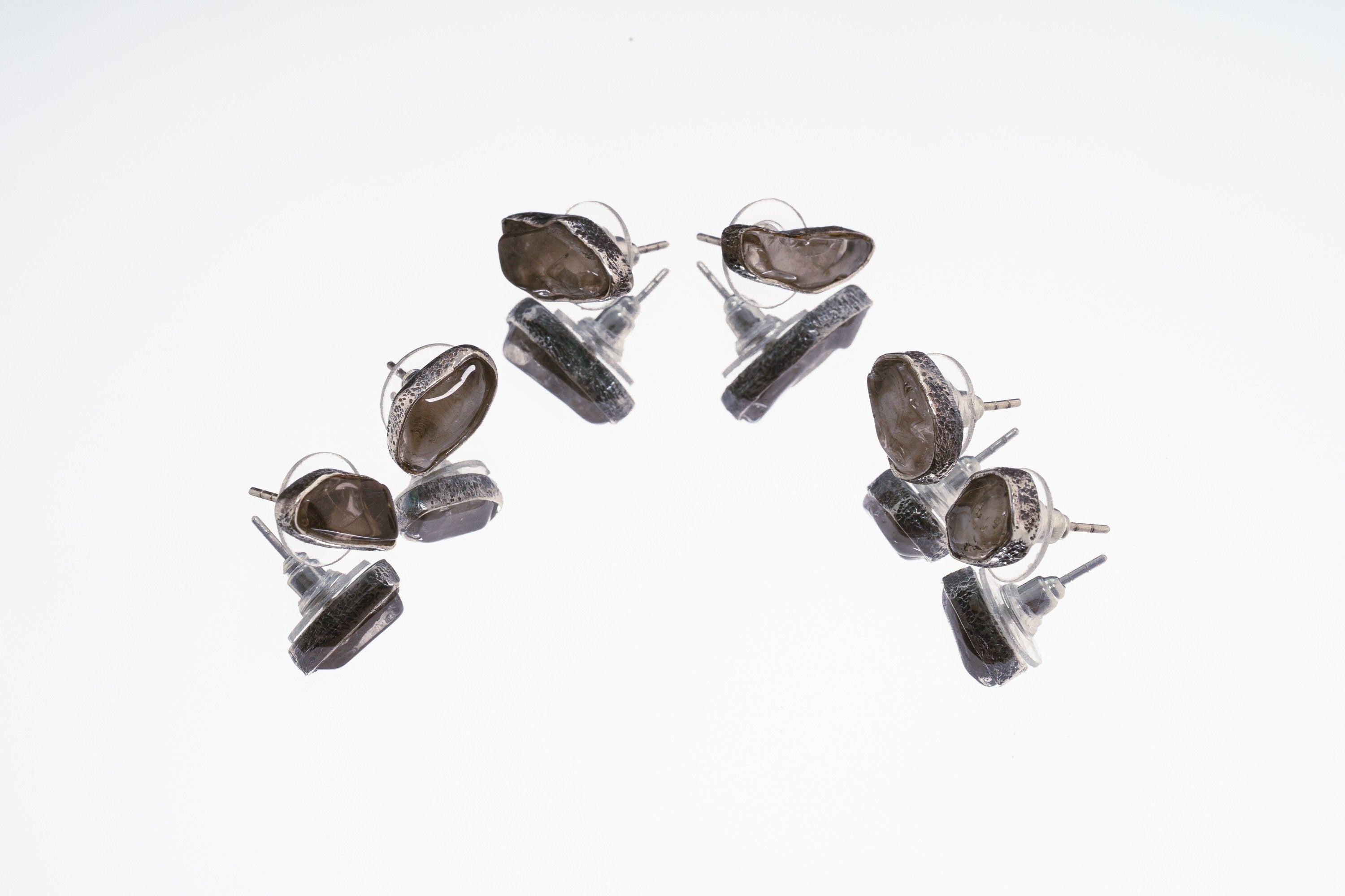 Smoky Quartz Stud -Textured Finish - organic shaped Pair- Sterling Silver - Freeform Earring Studs
