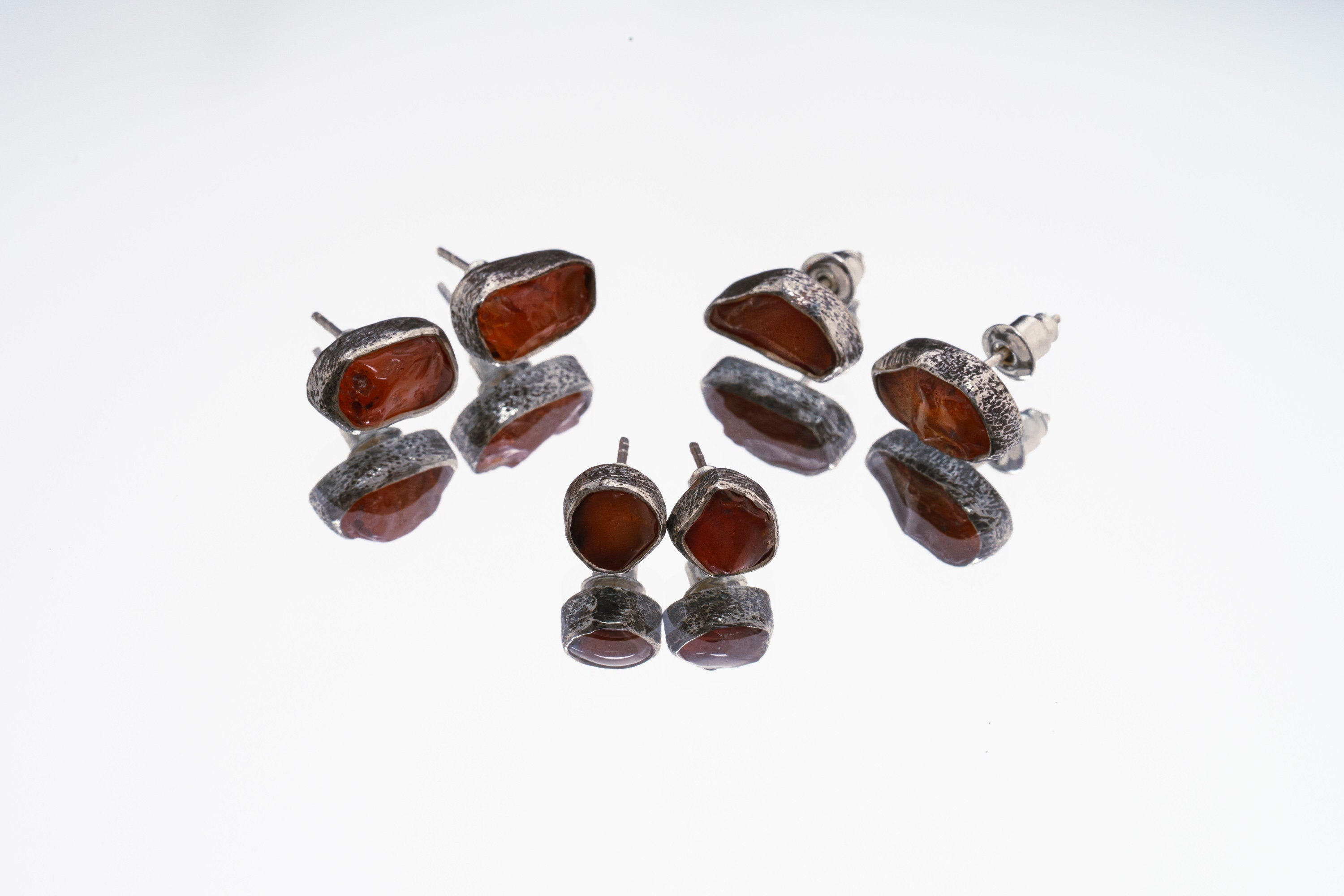 Organic shaped Carnelian Agate Pair- Textured Finish - Sterling Silver - Freeform Earring Studs