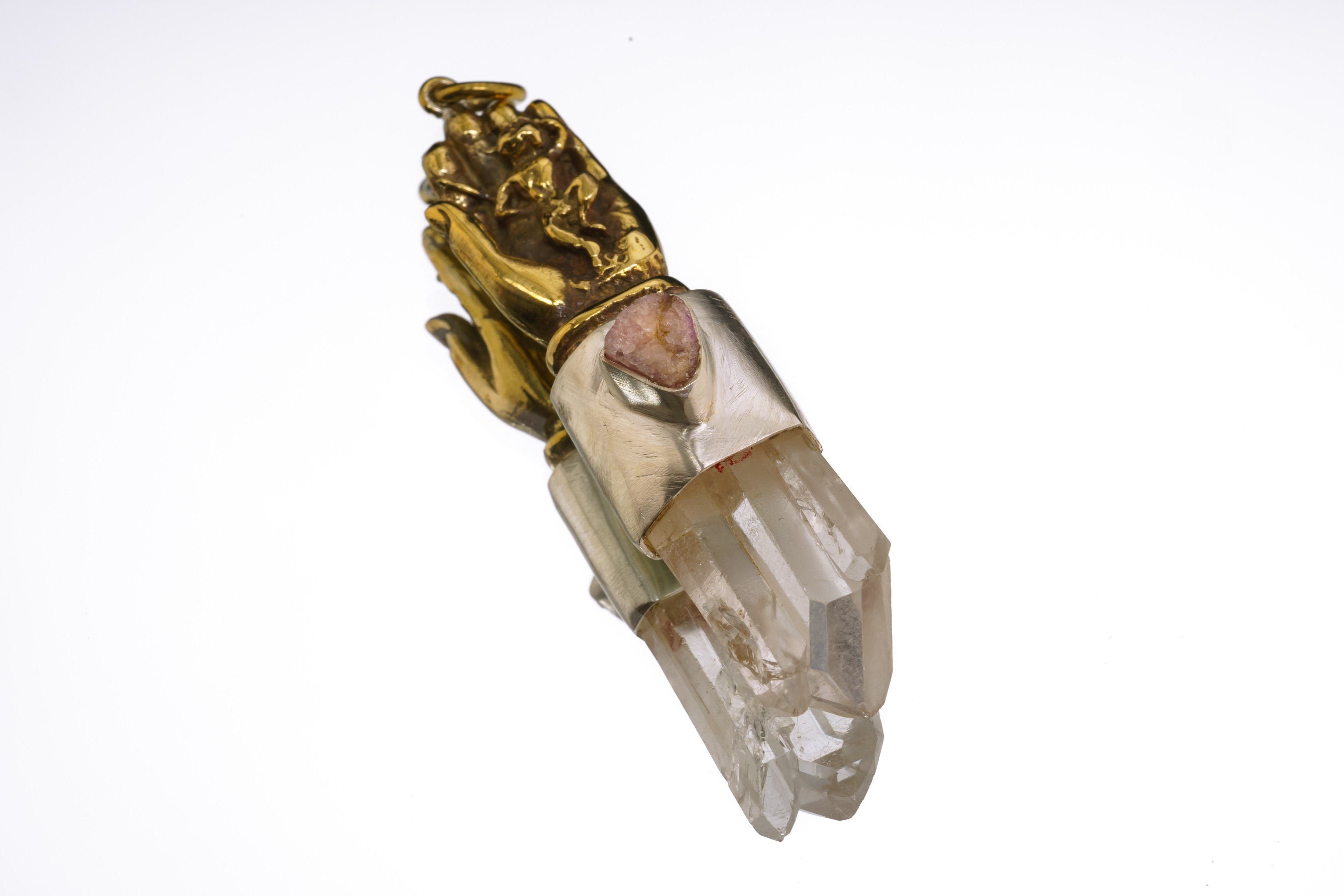 Chunky Twin Terminated Window Quartz & Amethyst Druzy - Brushed Sterling Silver set - Brass Monkey King in Buddhas Hand - Crystal Pendant