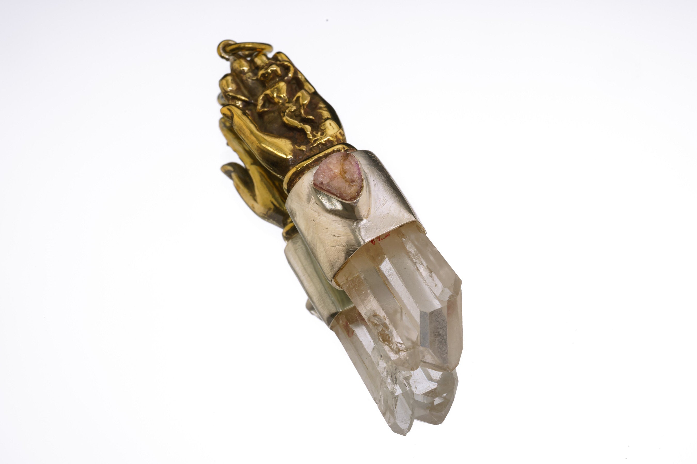 Sun Wukong Buddha Hand Pendant 925 Silver Brass Talisman Clear Quartz Amethyst Crown Third Eye Chakra Gift