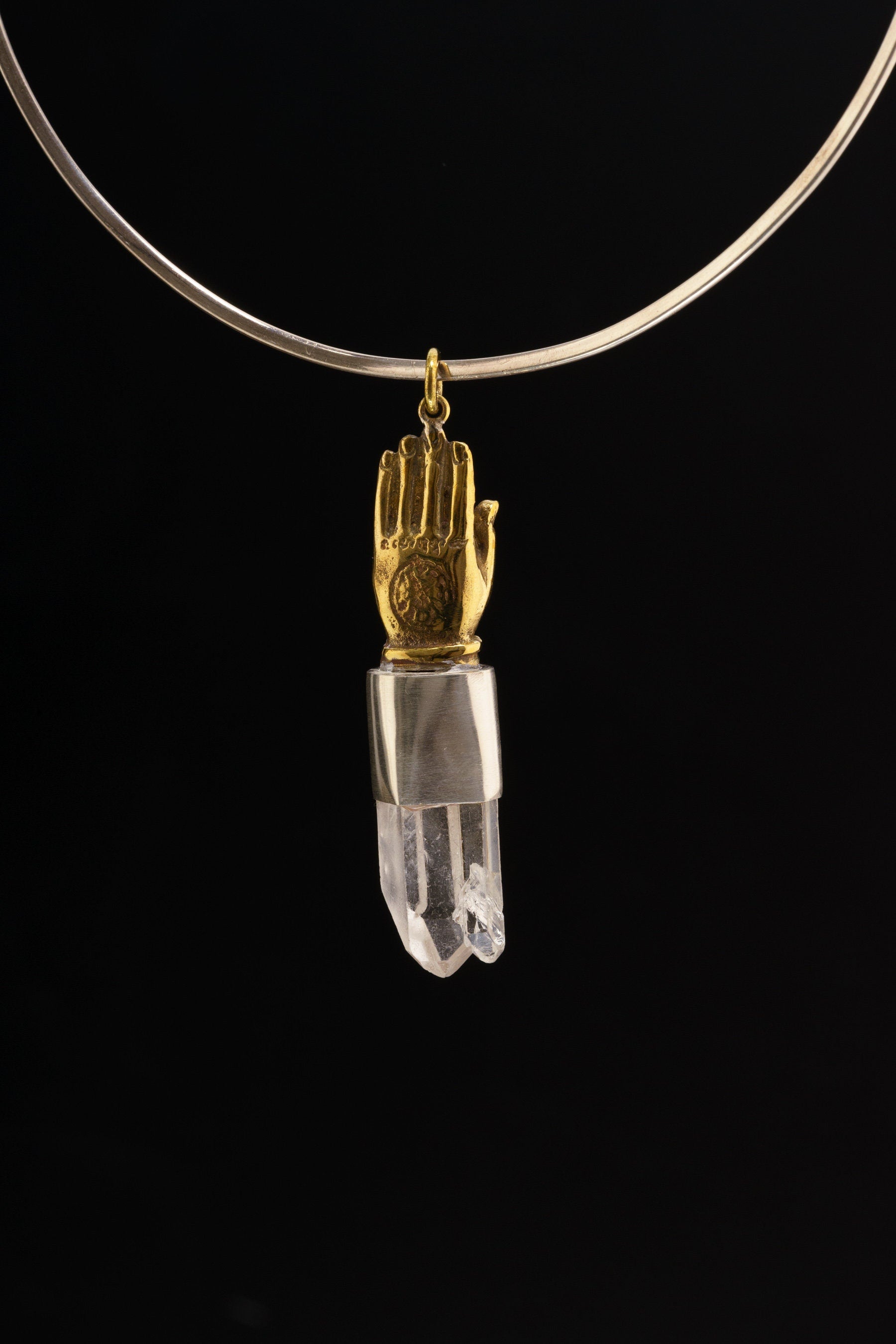 Chunky Twin Terminated Window Quartz & Amethyst Druzy - Brushed Sterling Silver set - Brass Monkey King in Buddhas Hand - Crystal Pendant