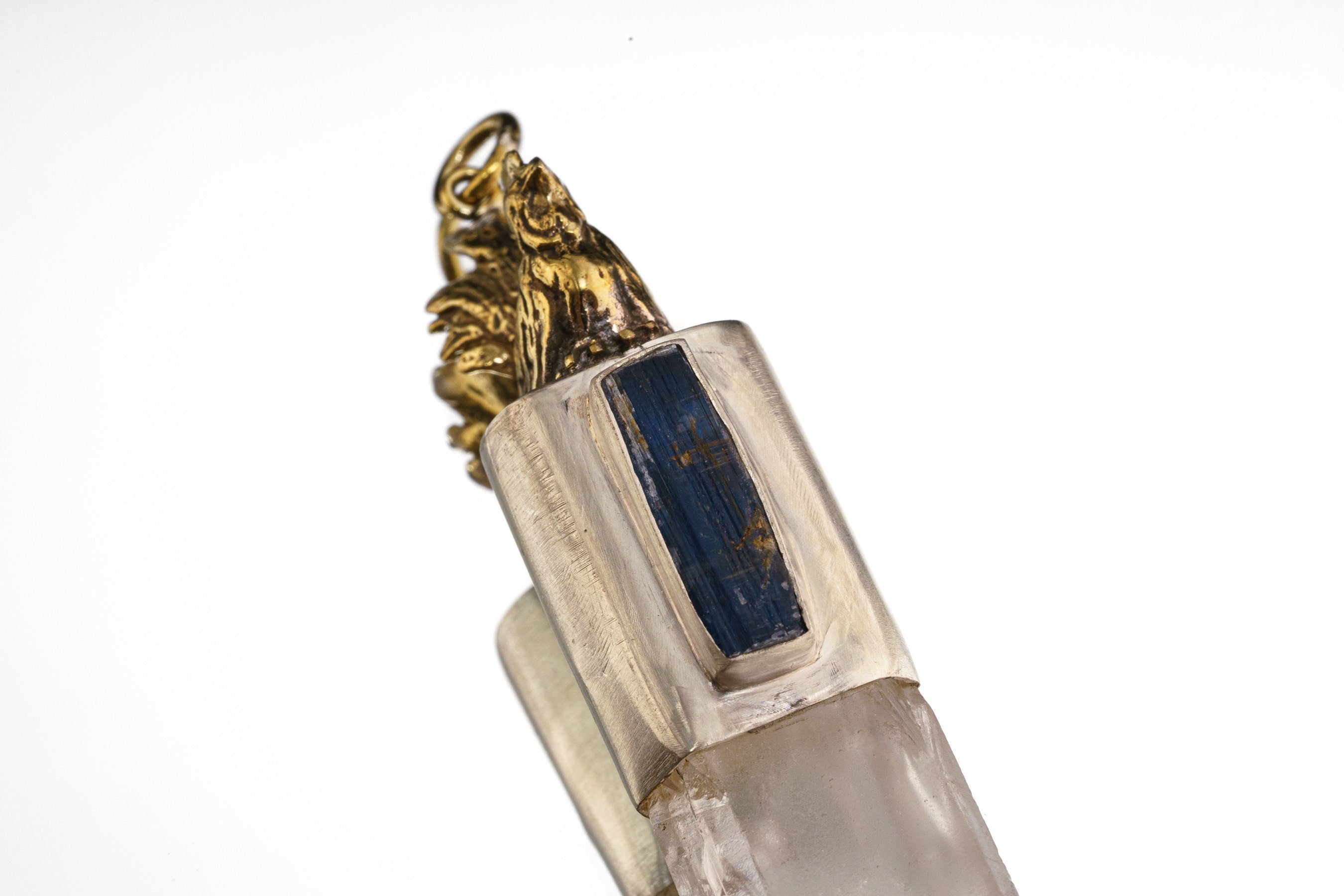 Twin Quartz & Kyanite Crystal Pendant, Brass Rooster, Sterling Silver Setting, Third Eye Chakra, Spiritual Jewelry Gift