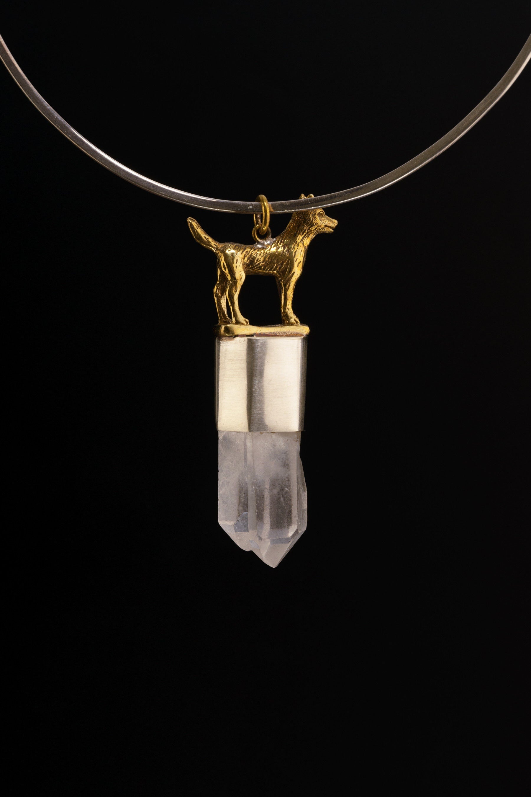 Himalayan Quartz & Kyanite Pendant: Sterling Silver Dog Amulet