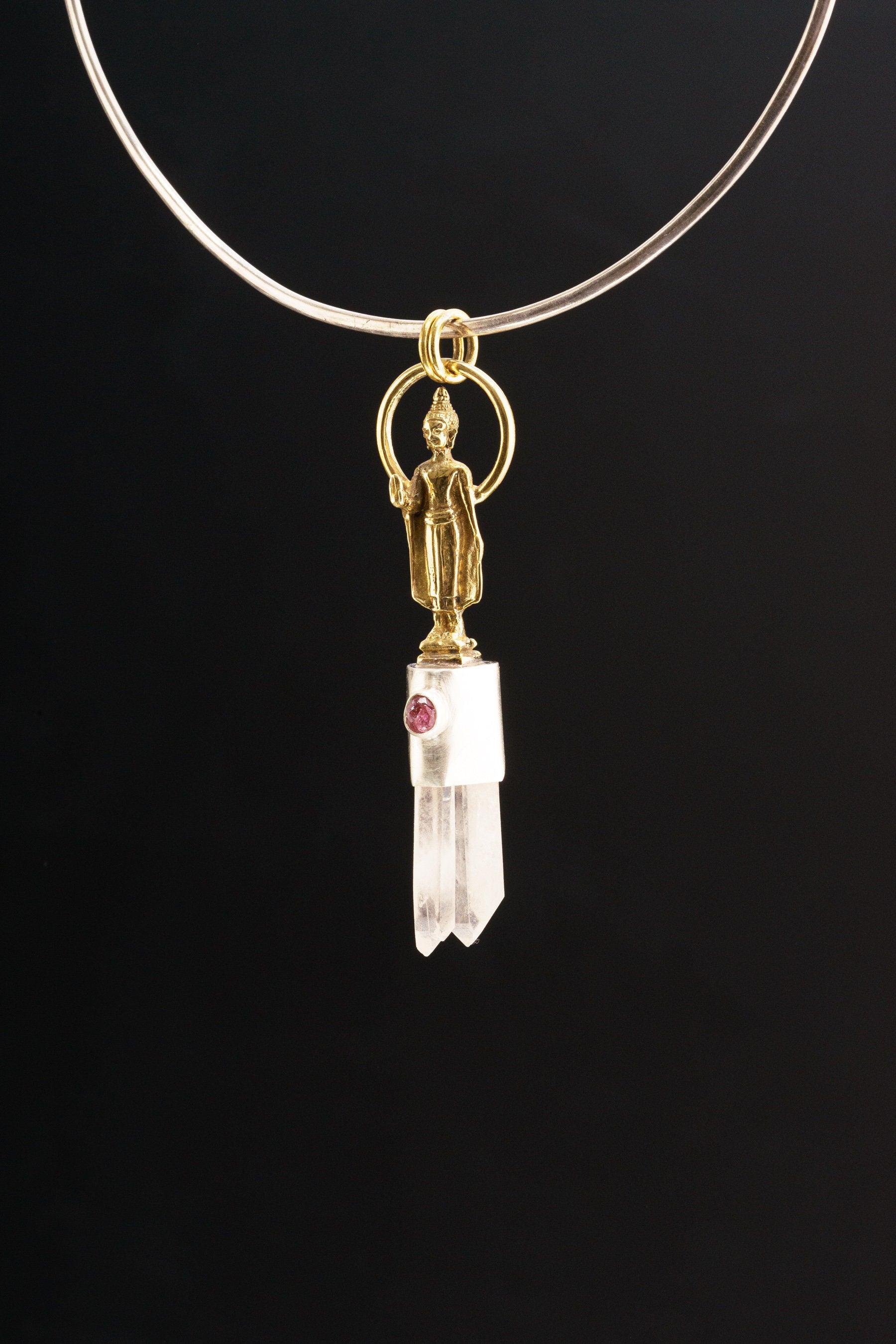 Himalayan Twin Quartz & Ruby Pendant, Sterling Silver with Brass Buddha, Crown and Heart Chakra, Aries Cancer Leo Scorpio, Talisman Gift
