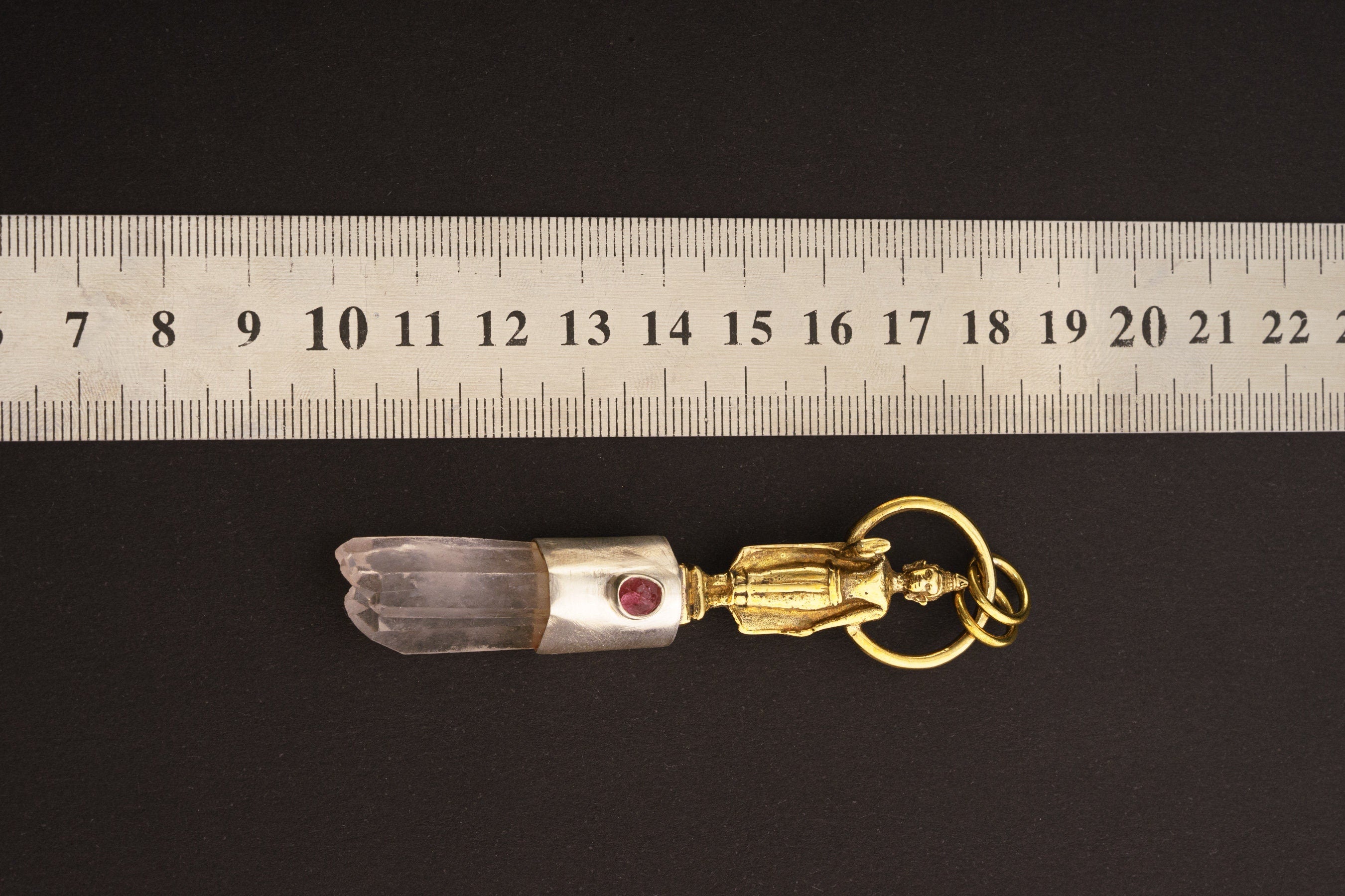 Himalayan Twin Quartz & Ruby Pendant, Sterling Silver with Brass Buddha, Crown and Heart Chakra, Aries Cancer Leo Scorpio, Talisman Gift
