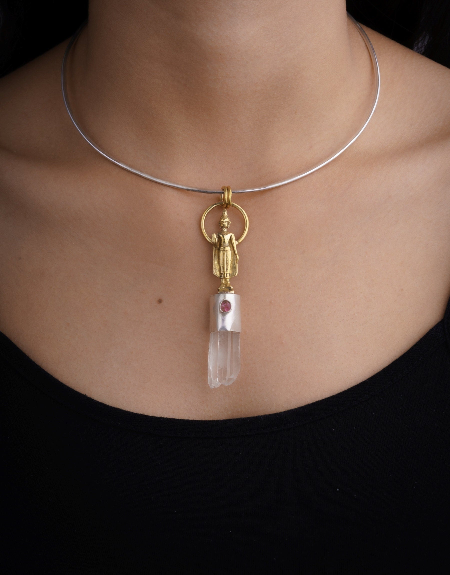 Himalayan Twin Quartz & Ruby Pendant, Sterling Silver with Brass Buddha, Crown and Heart Chakra, Aries Cancer Leo Scorpio, Talisman Gift