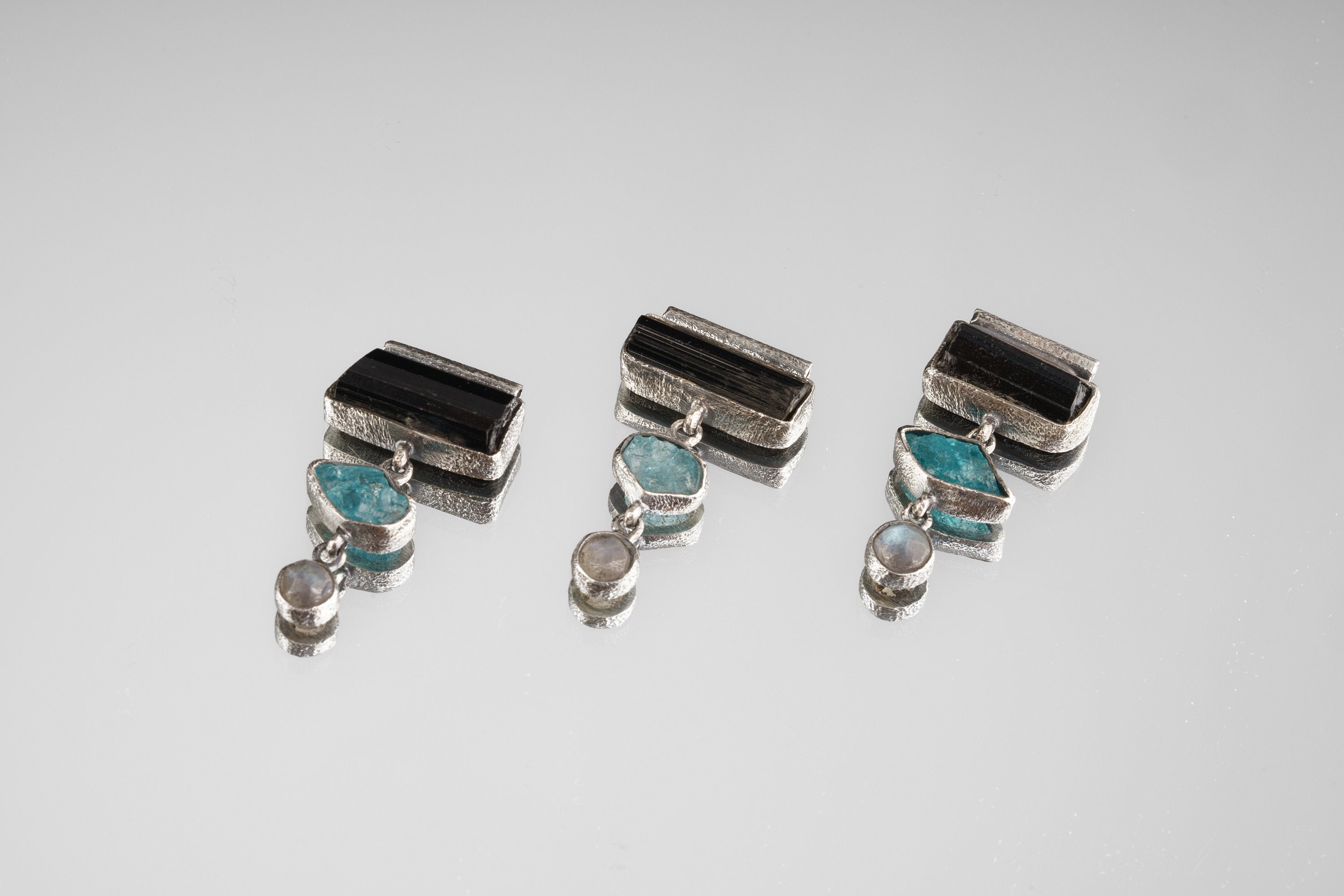 Black Tourmaline Blue Apatite Labradorite Stack Pendant 925 Silver Oxidized Sand Texture Root Throat Chakra Necklace