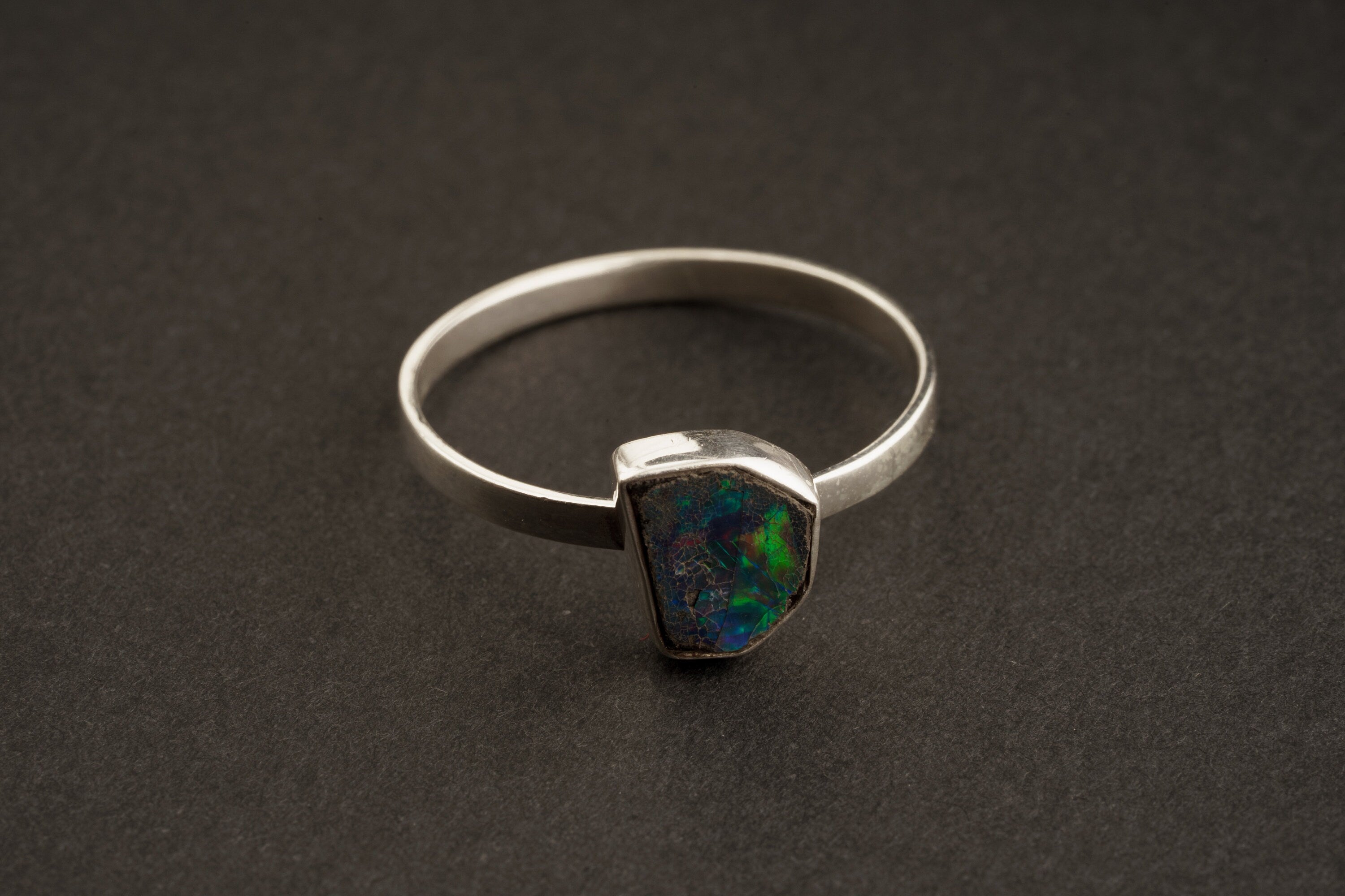 Black Australian Opal Doublet - Size 6 1/2 US - Sterling Silver Ring Band & Setting