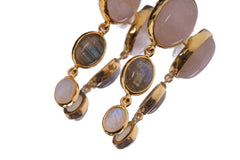 Rose Quartz, Rainbow Labradorite & Blue Moonstone - Gold Plated Sterling Silver- Freeform Dangling Earring Studs