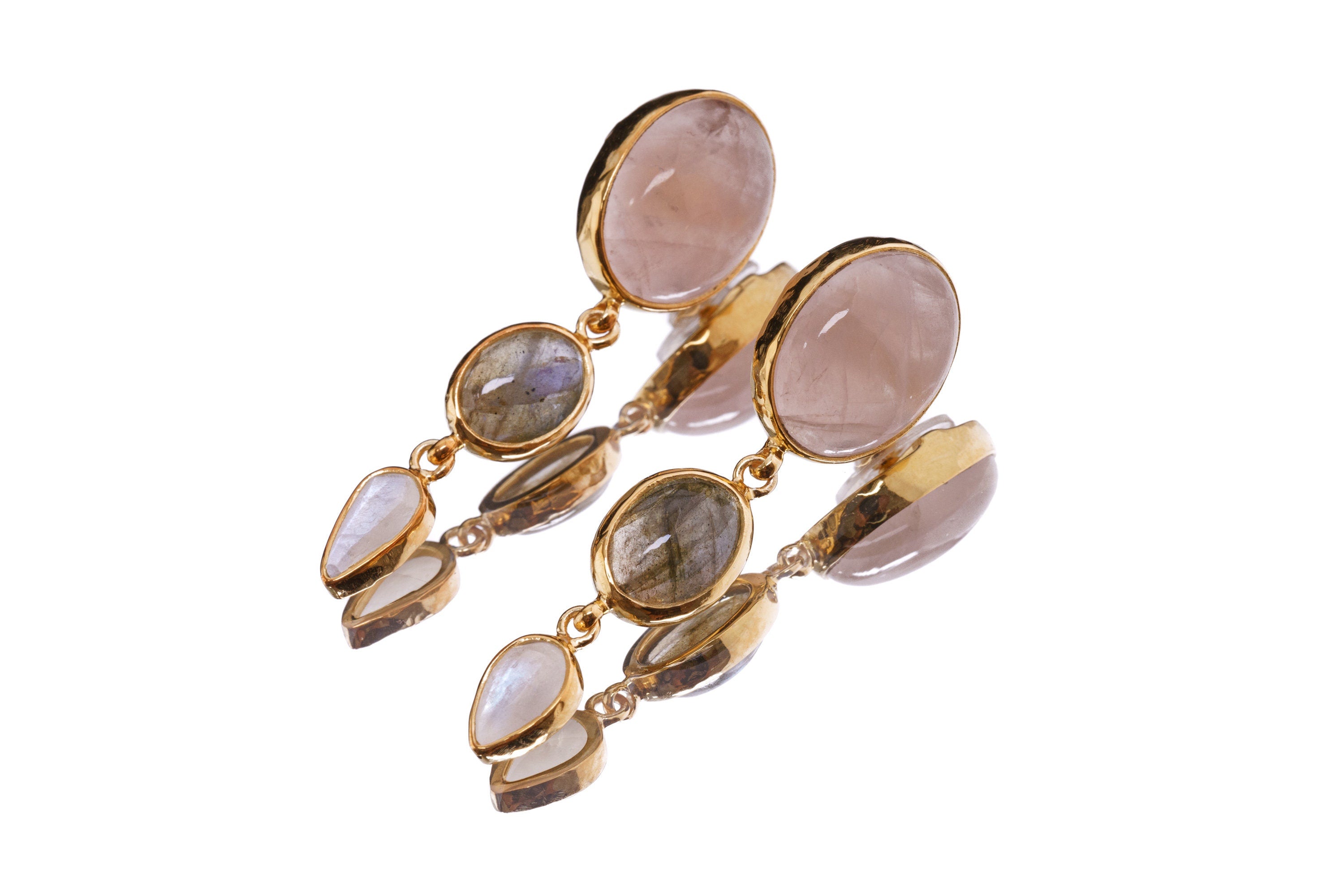 Rainbow Labradorite Moonstone Rose Quartz Earrings Gold Plated 925 Sterling Silver Studs Crystal Jewelry Gift
