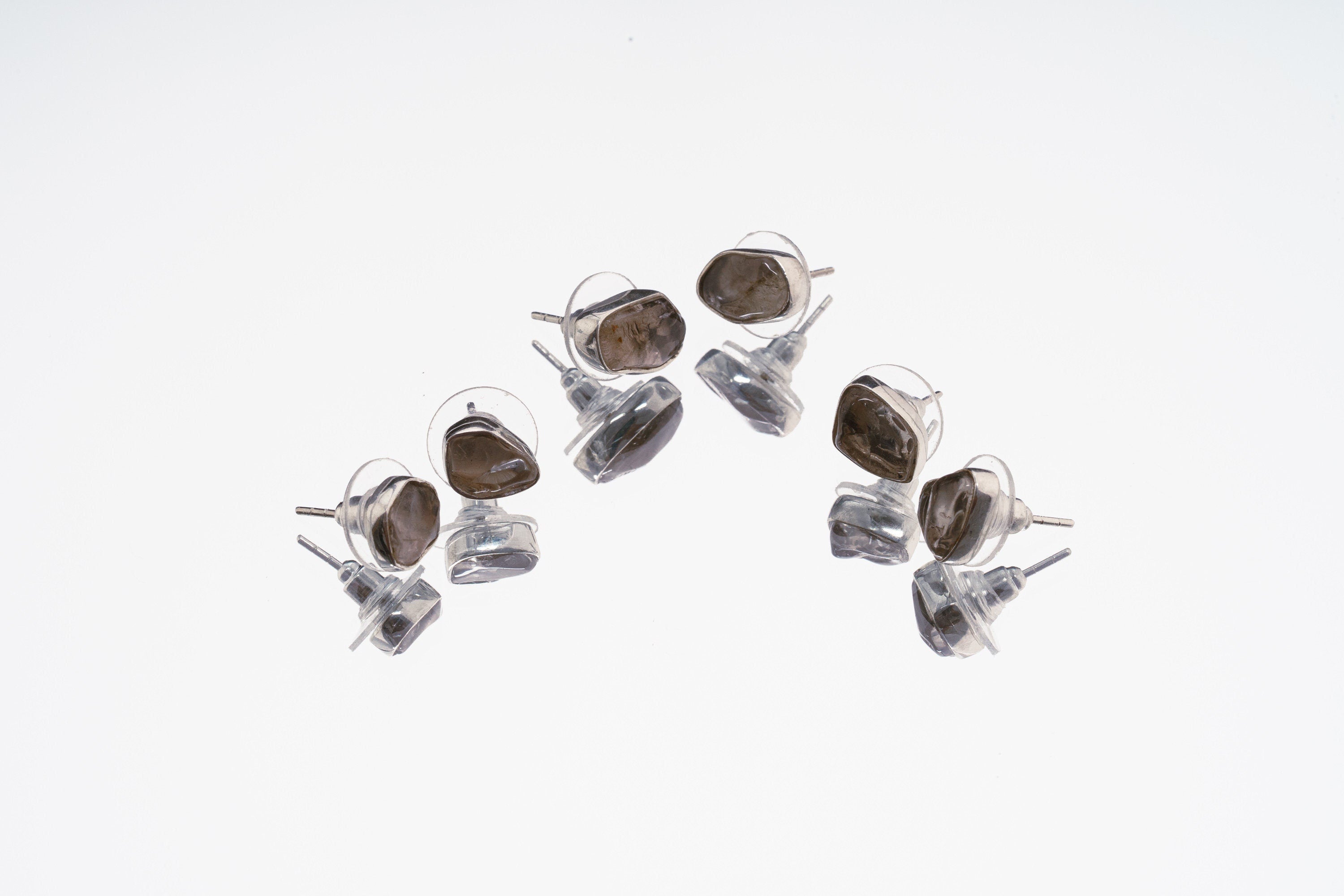 Smoky Quartz Stud - organic shaped Pair- Sterling Silver - Polished finish - Freeform Earring Studs