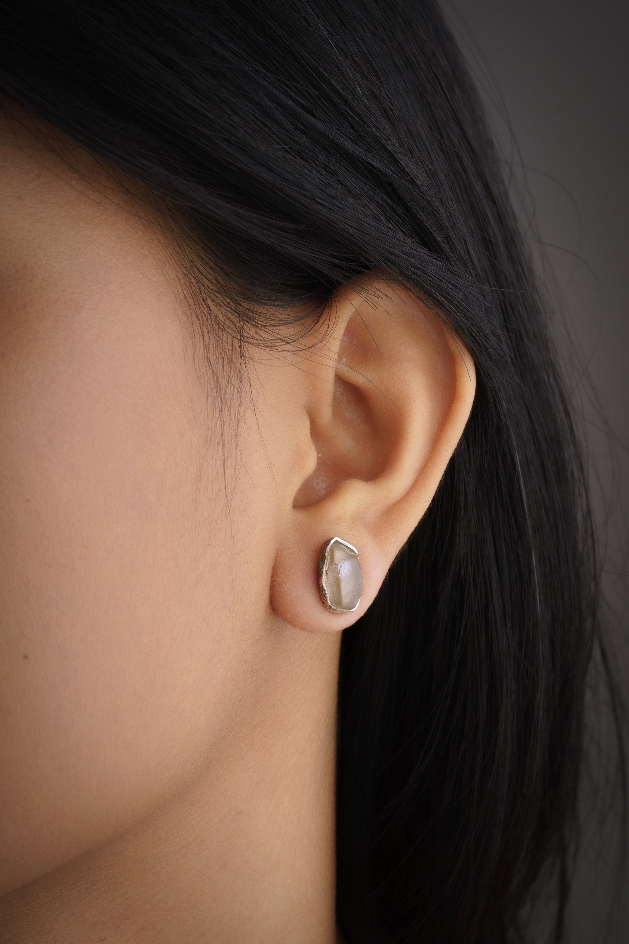 Smoky Quartz Stud - organic shaped Pair- Sterling Silver - Polished finish - Freeform Earring Studs