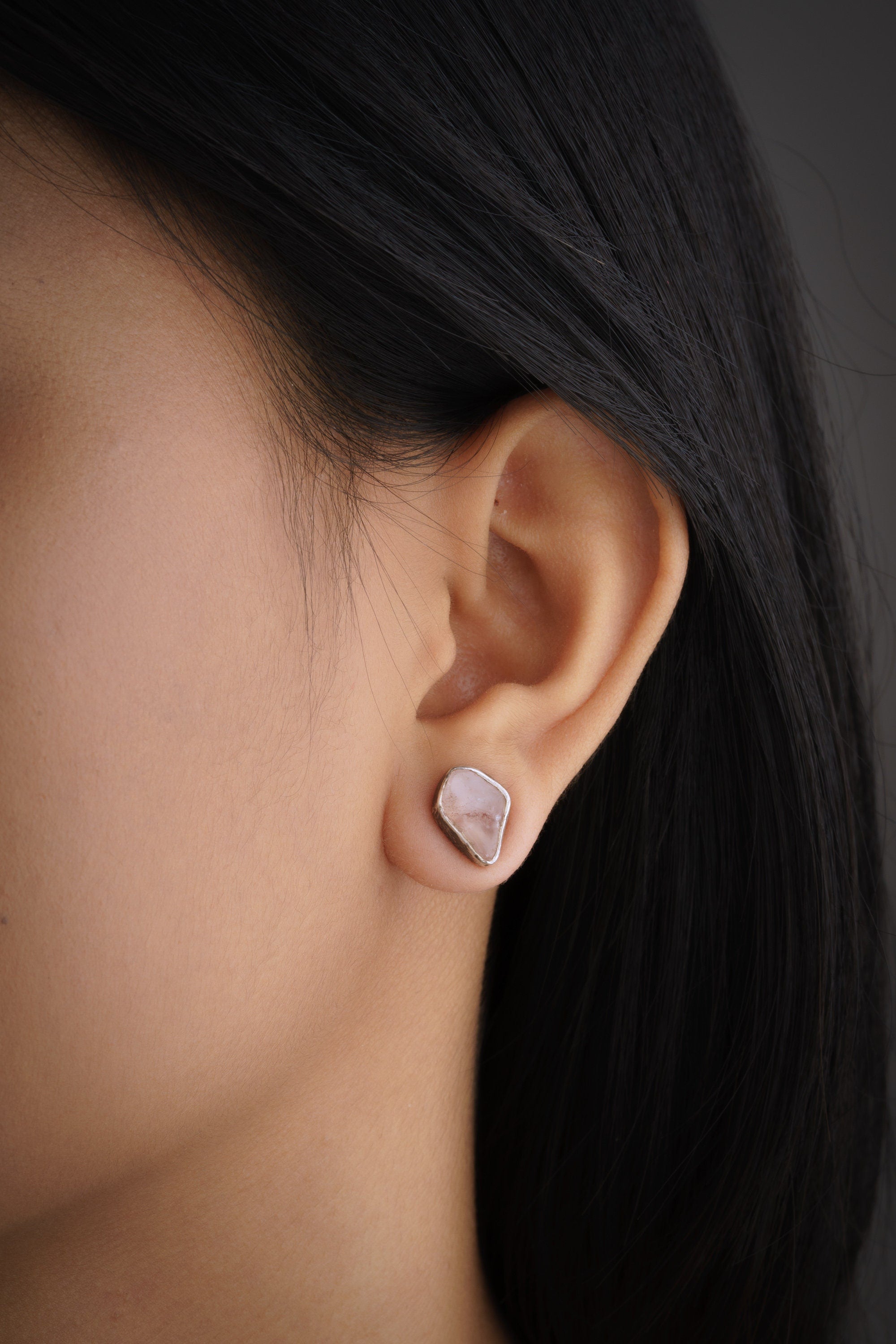 Rose Quartz Stud - organic shaped Pair - Sterling Silver - Oxidised & Textured Finish - Freeform Earring Studs