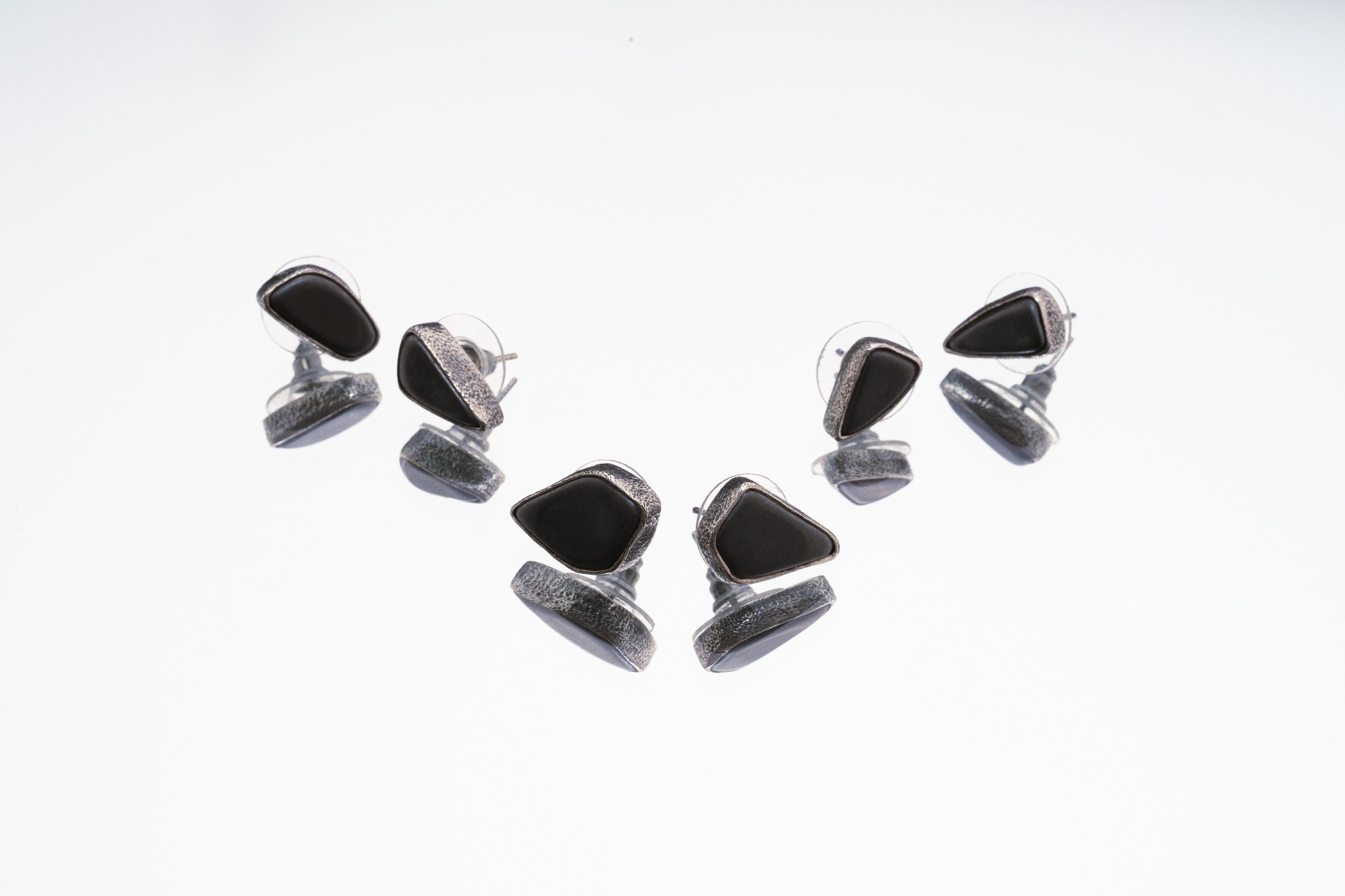 Hematite Stud- Textured Finish - organic shaped Pair - Sterling Silver - Freeform Earring Studs