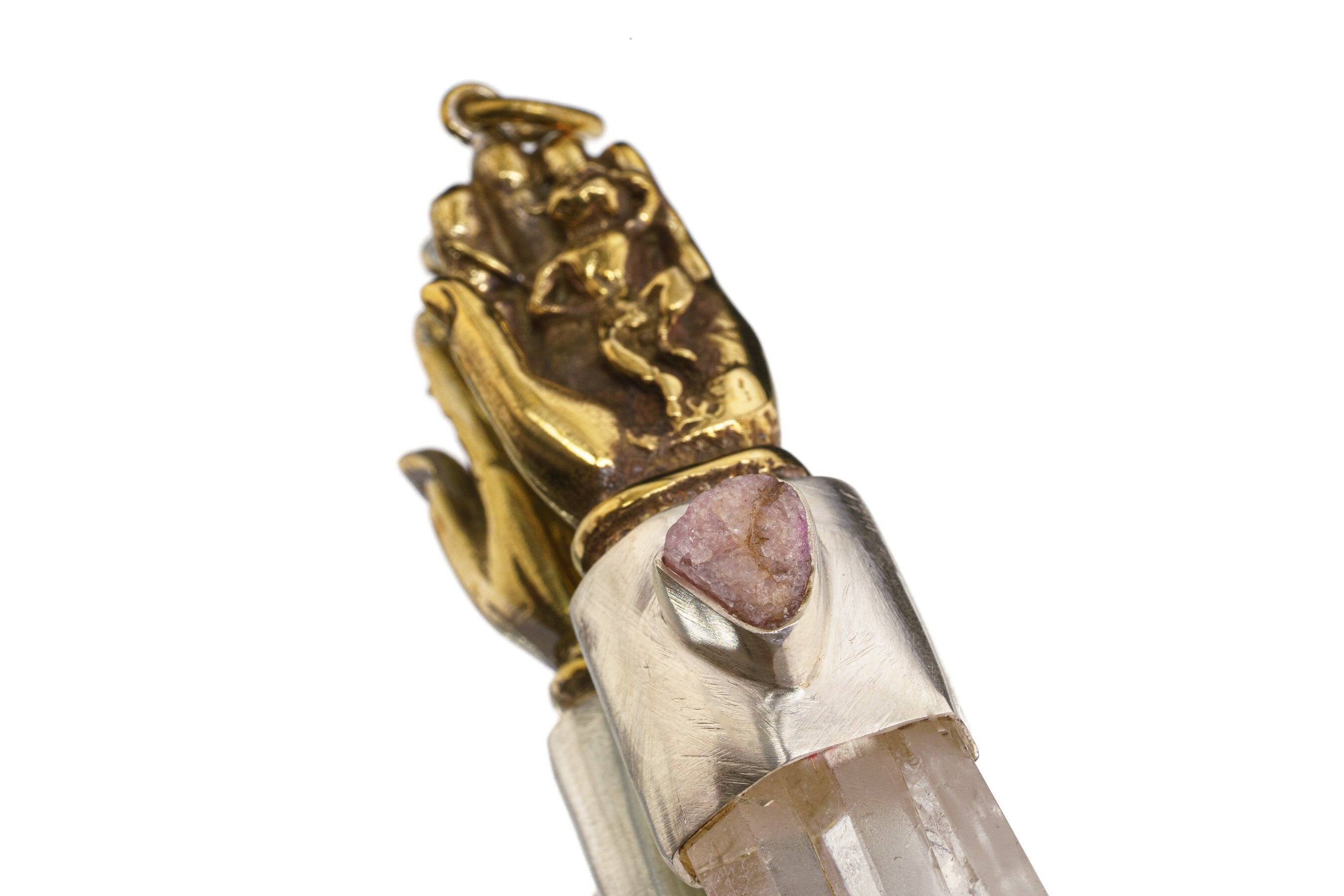 Chunky Twin Terminated Window Quartz & Amethyst Druzy - Brushed Sterling Silver set - Brass Monkey King in Buddhas Hand - Crystal Pendant