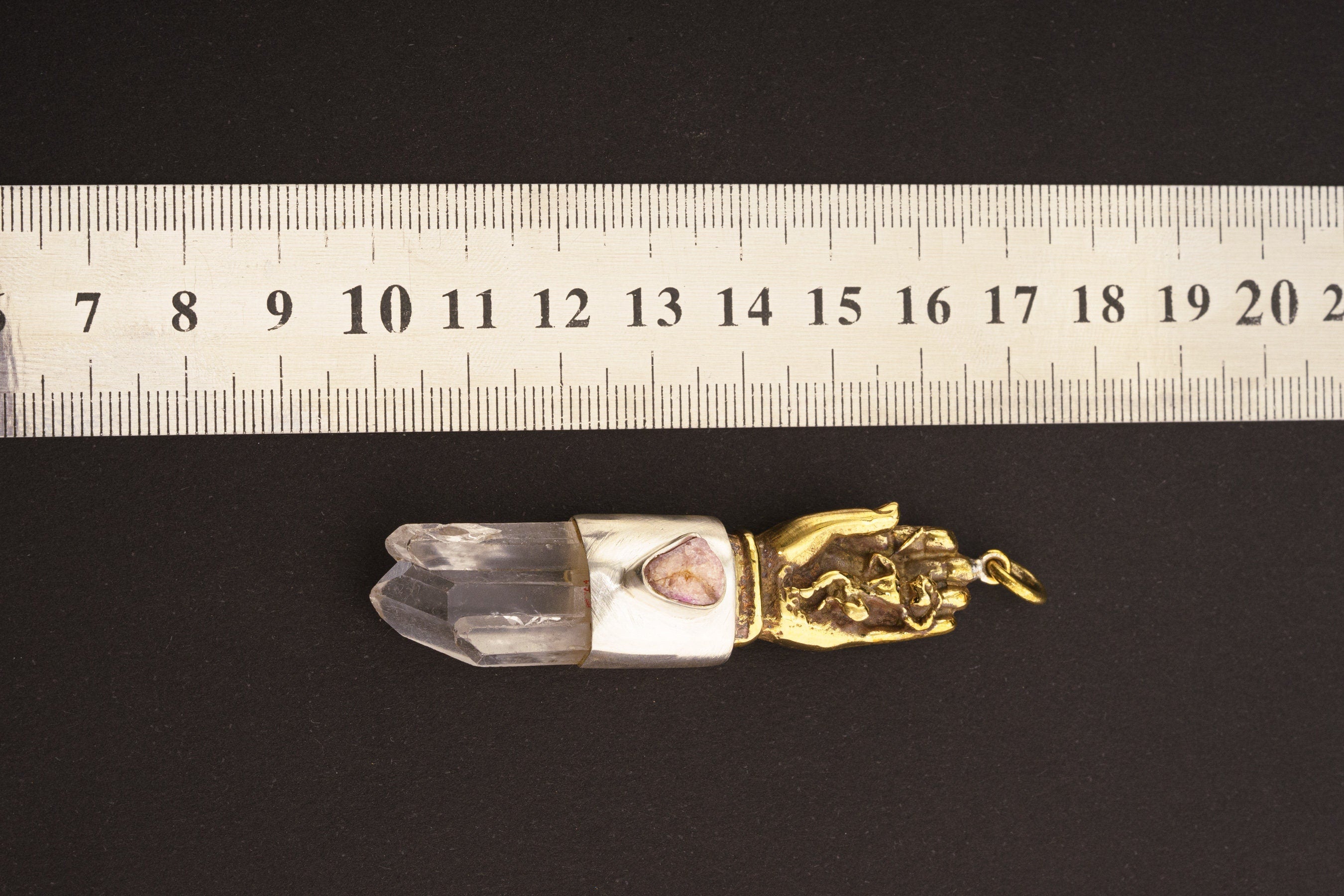 Chunky Twin Terminated Window Quartz & Amethyst Druzy - Brushed Sterling Silver set - Brass Monkey King in Buddhas Hand - Crystal Pendant