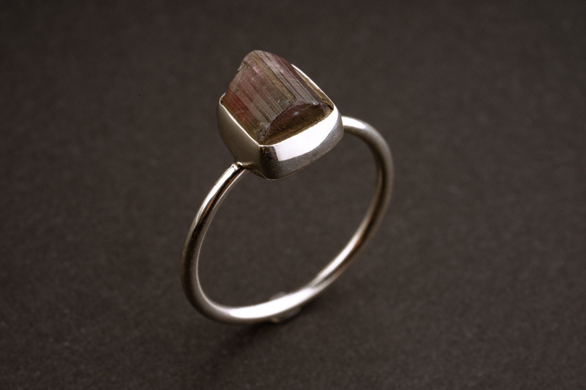 Size US 5 2/3 - Blue Cap Raw Watermelon Tourmaline - Fine 925 Sterling Silver Round Ring Band -