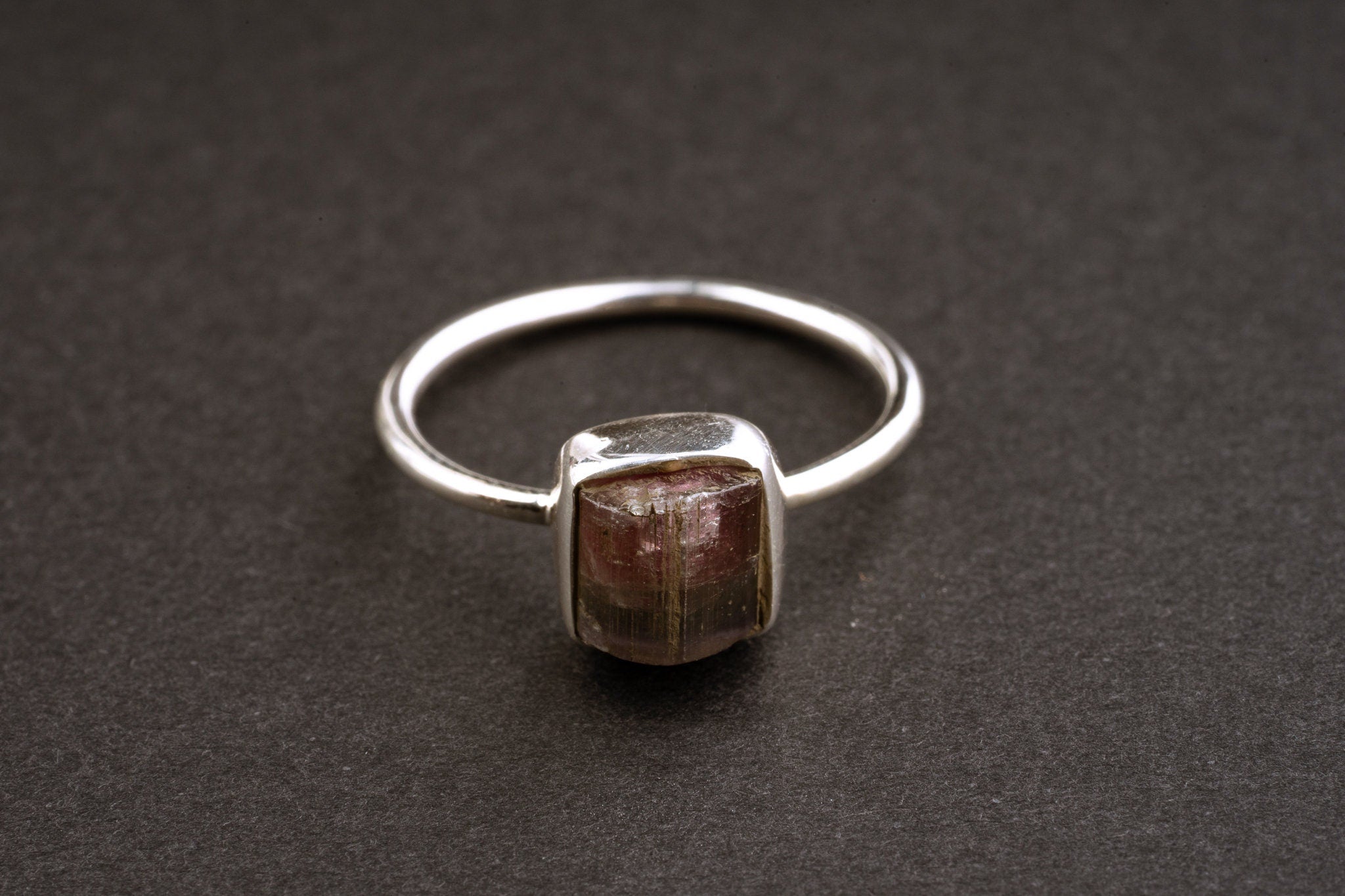 Size US 5 2/3 - Blue Cap Raw Watermelon Tourmaline - Fine 925 Sterling Silver Round Ring Band -