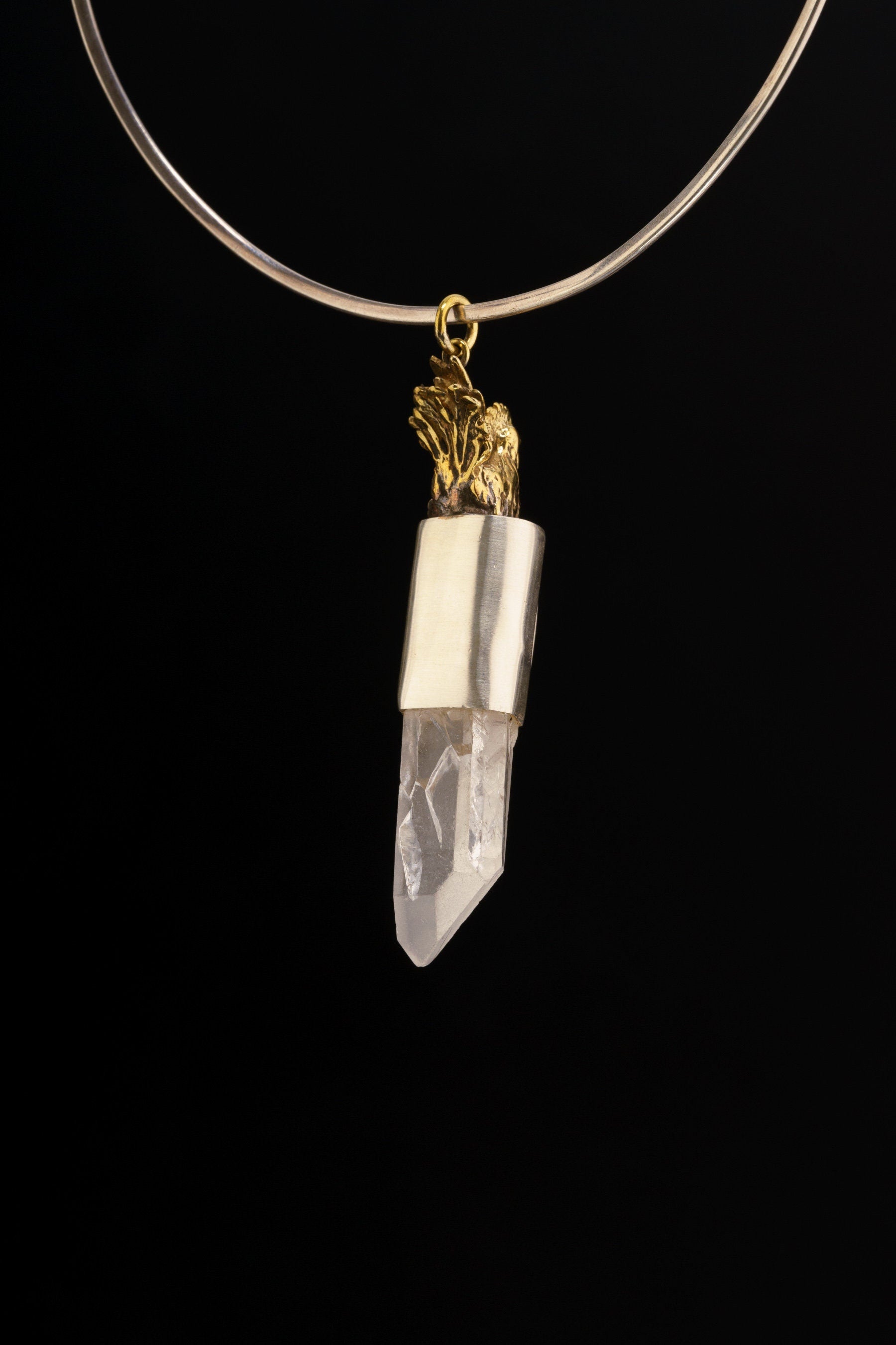 Twin Quartz & Kyanite Crystal Pendant, Brass Rooster, Sterling Silver Setting, Third Eye Chakra, Spiritual Jewelry Gift