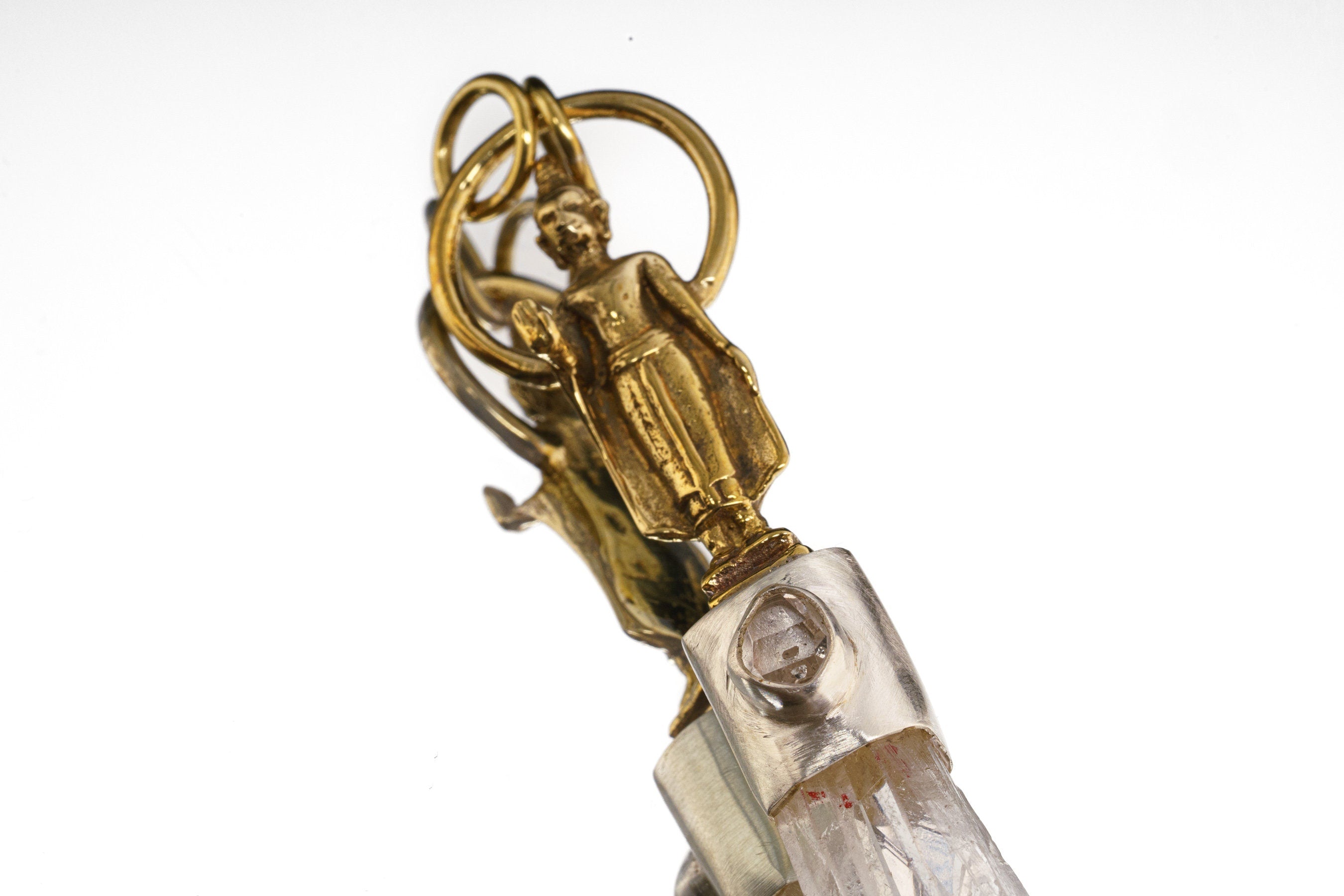 Himalayan Twin Quartz & Herkimer Diamond Pendant, Brass Buddha, Sterling Silver, Crown Chakra, Aries Scorpio Gemini, Spiritual Healing Gift