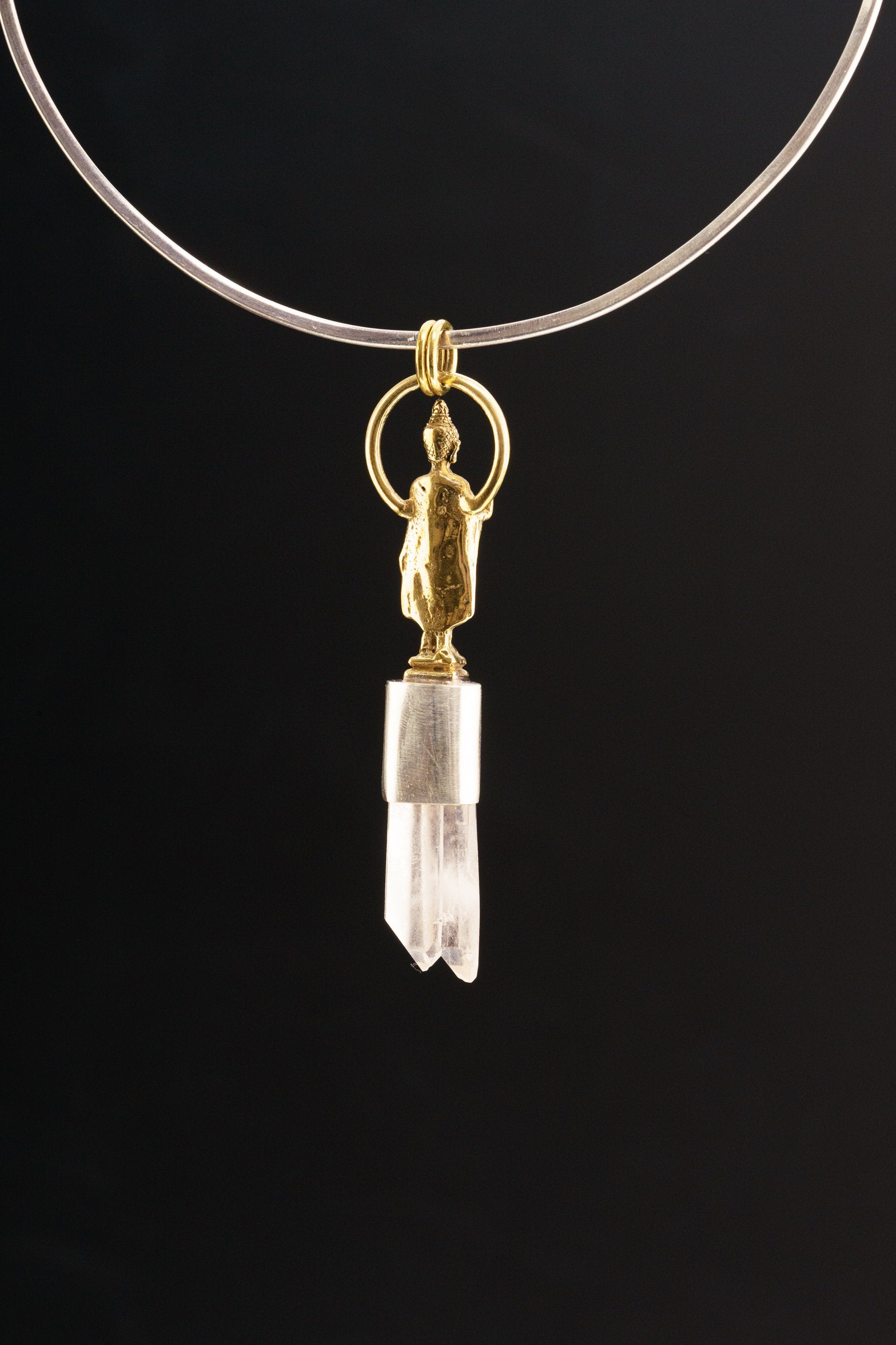 Himalayan Twin Quartz & Ruby Pendant, Sterling Silver with Brass Buddha, Crown and Heart Chakra, Aries Cancer Leo Scorpio, Talisman Gift