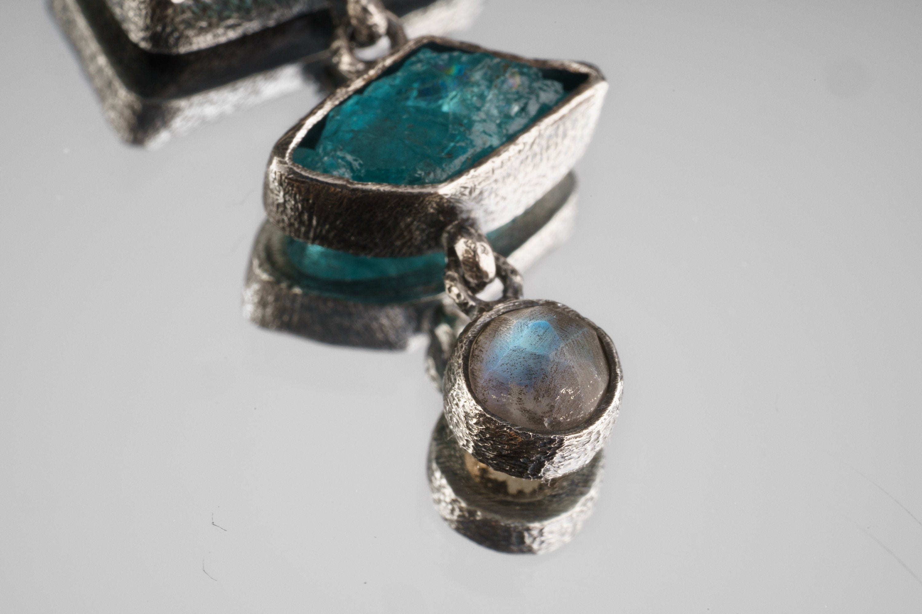 Black Tourmaline Blue Apatite Labradorite Stack Pendant 925 Silver Oxidized Sand Texture Root Throat Chakra Necklace