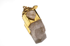 Chunky Himalayan Terminated Quartz & Golden rutile Cabochon - Gold Platerd Sterling Silver - Tibetan Turtle Cast - Crystal Pendant