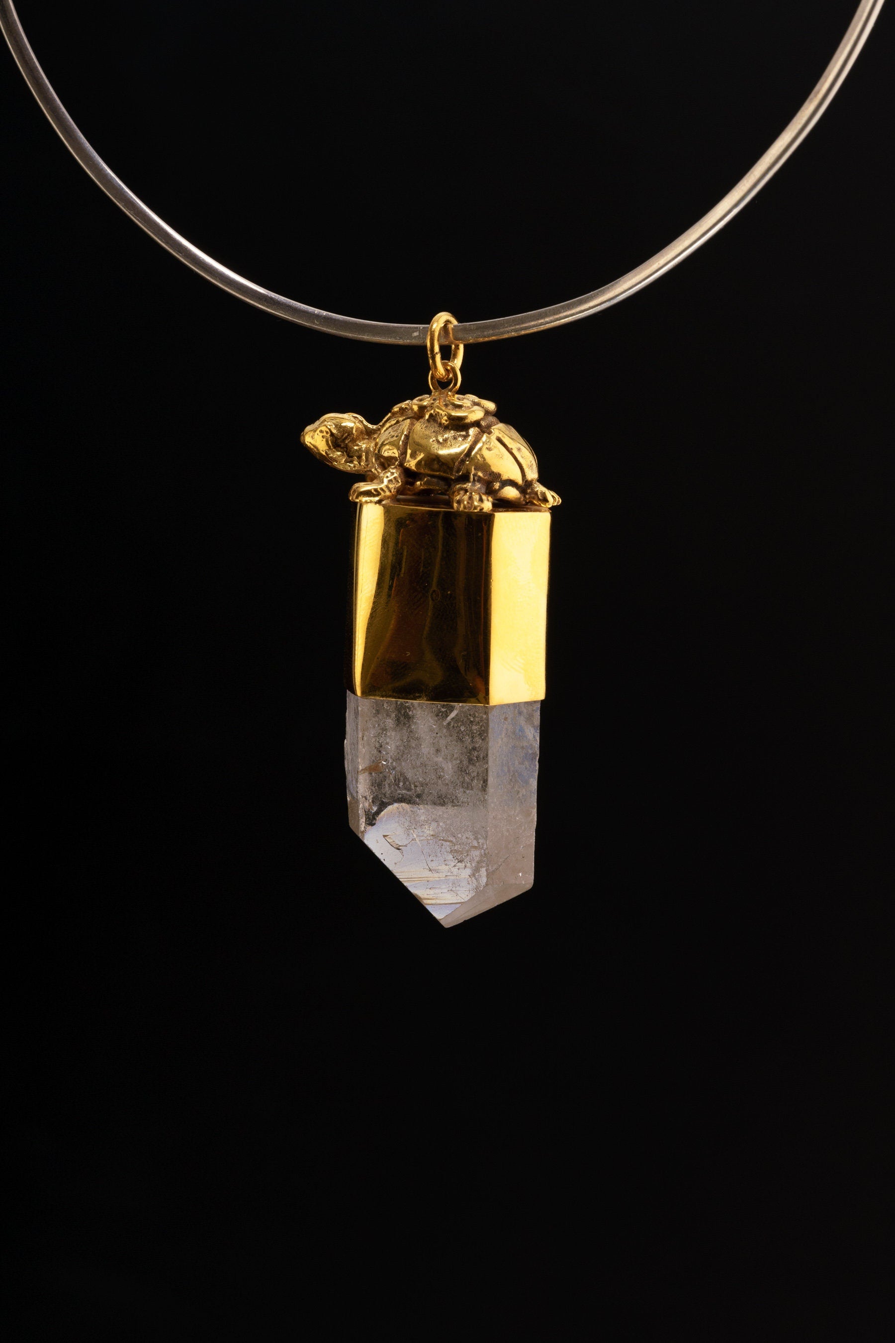 Chunky Himalayan Terminated Quartz & Golden rutile Cabochon - Gold Platerd Sterling Silver - Tibetan Turtle Cast - Crystal Pendant