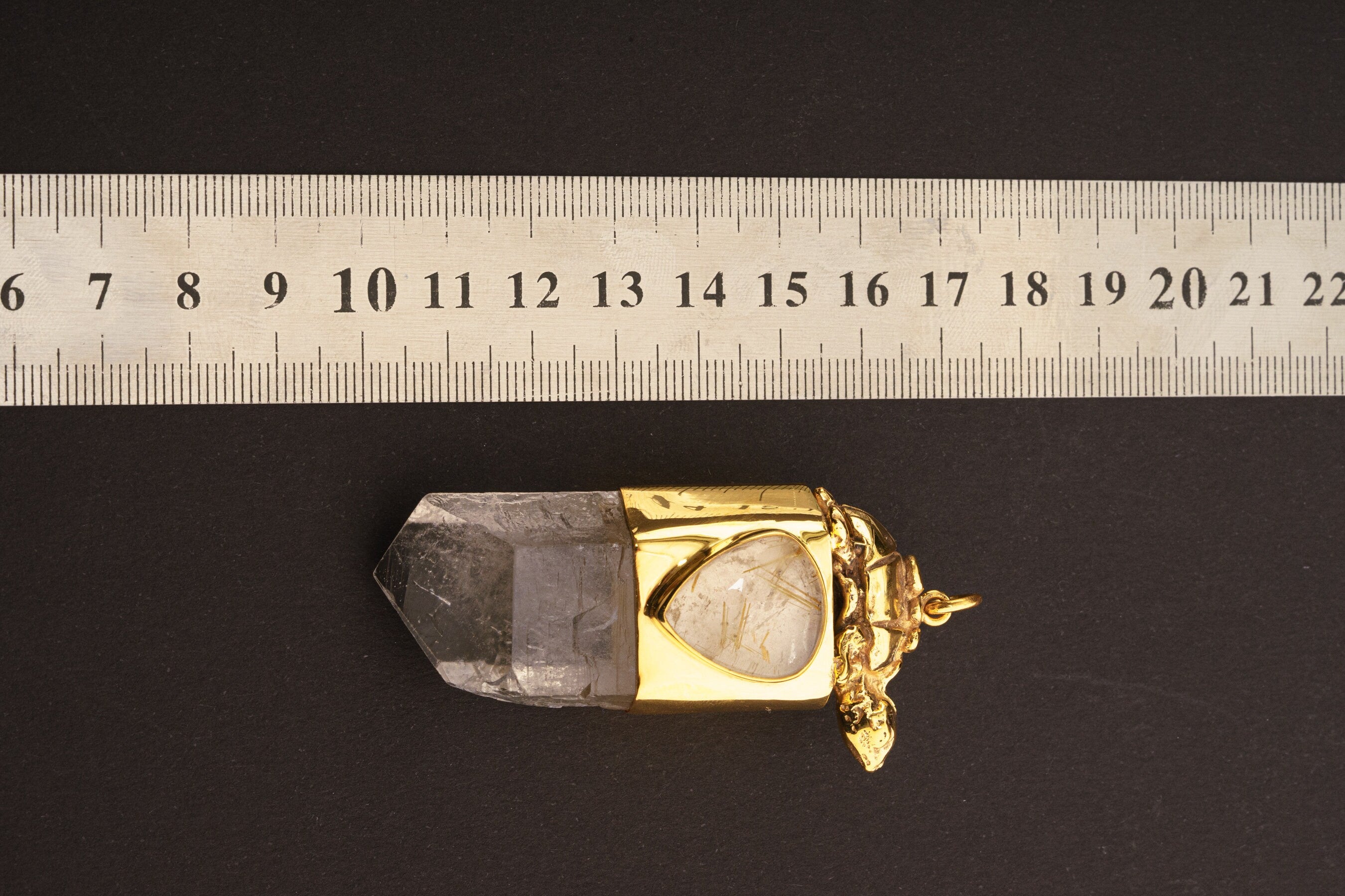 Chunky Himalayan Terminated Quartz & Golden rutile Cabochon - Gold Platerd Sterling Silver - Tibetan Turtle Cast - Crystal Pendant