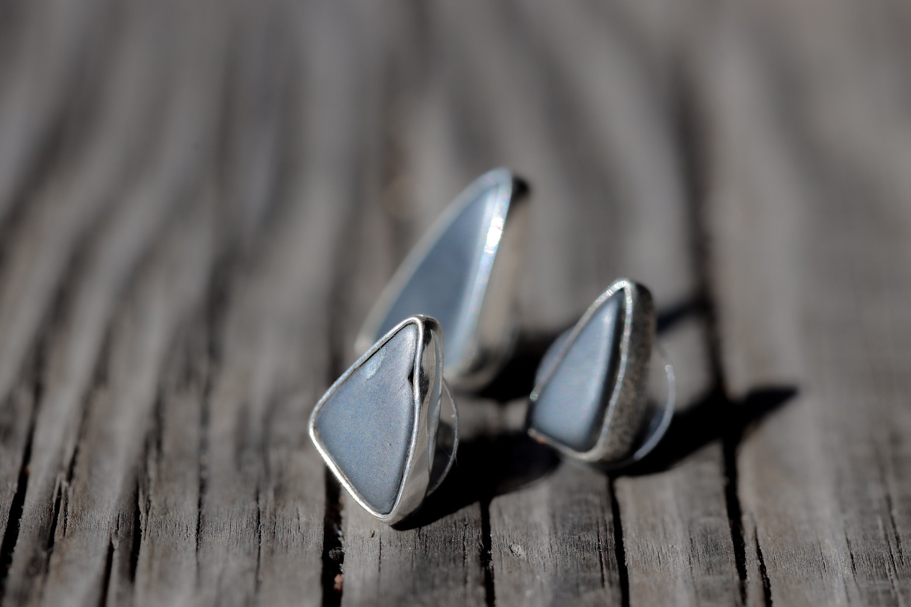 Hematite Stud- Textured Finish - organic shaped Pair - Sterling Silver - Freeform Earring Studs