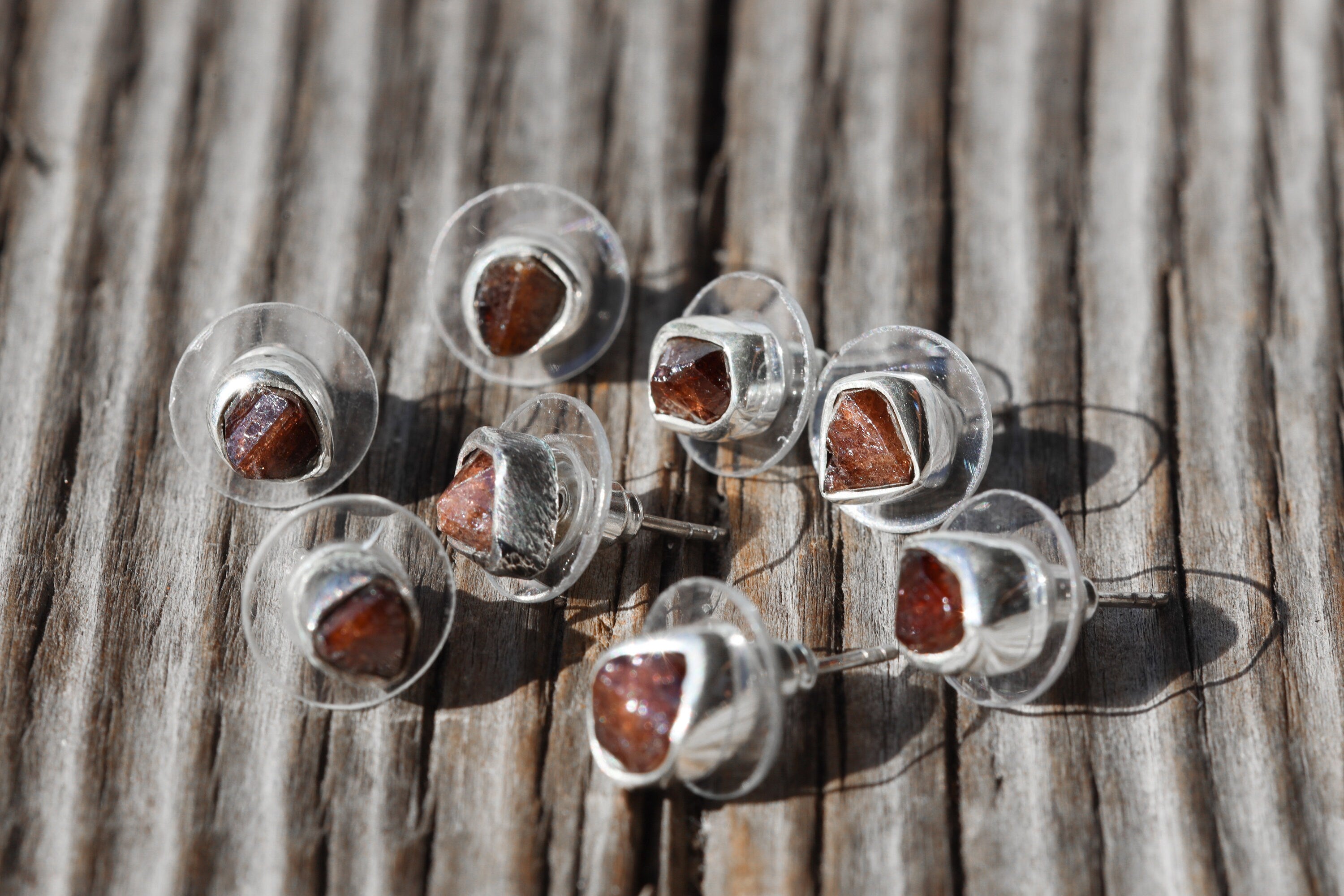 Pick a Raw Australian Terminated Red Garnet Pair- Sterling Silver - Textured Oxidised - Freeform Earring Studs