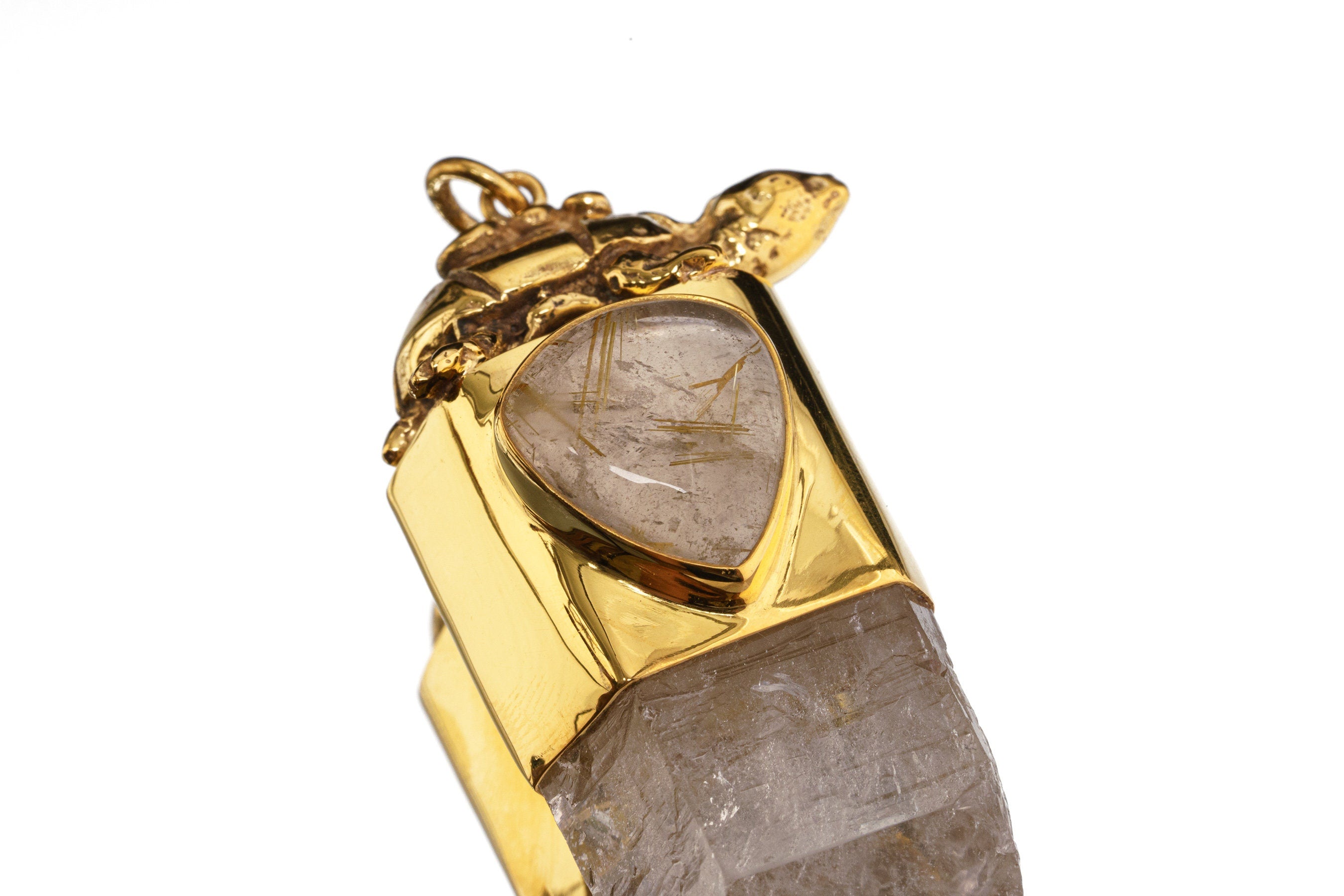 Chunky Himalayan Terminated Quartz & Golden rutile Cabochon - Gold Platerd Sterling Silver - Tibetan Turtle Cast - Crystal Pendant