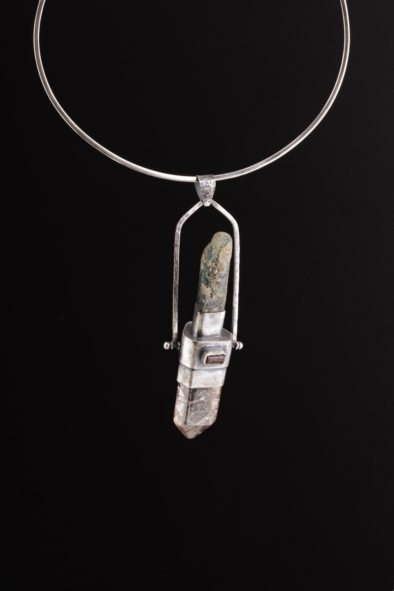 Large Spinning Pendant with Ocean Kyanite Smoky Copper Rutile Quartz Point Pink Tourmaline & Faceted Ethiopian Opal Textured Sterling Silver