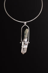 Large Spinning Pendant with Ocean Kyanite Smoky Copper Rutile Quartz Point Pink Tourmaline & Faceted Ethiopian Opal Textured Sterling Silver