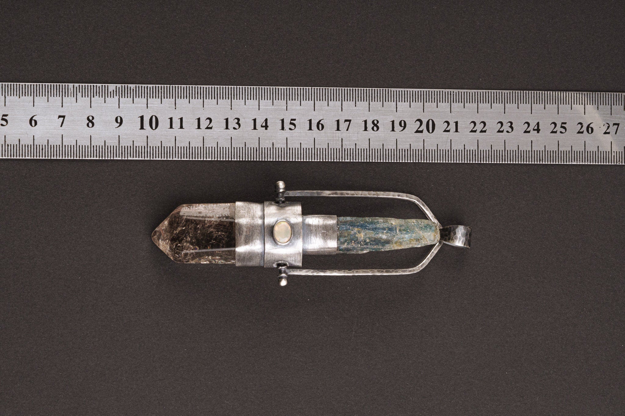 Large Spinning Pendant with Ocean Kyanite Smoky Copper Rutile Quartz Point Pink Tourmaline & Faceted Ethiopian Opal Textured Sterling Silver