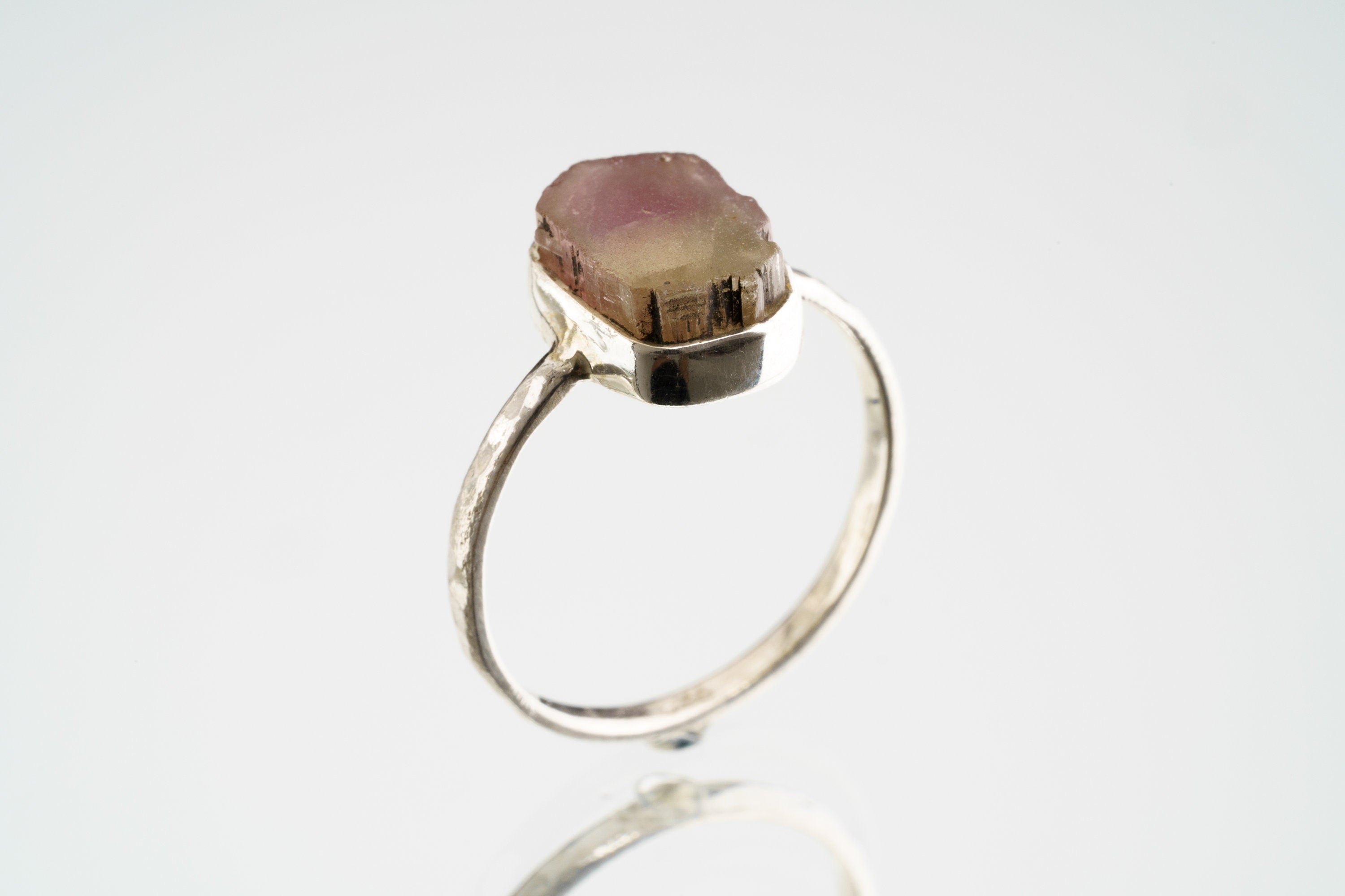 Bicolour Pink gem Tourmaline - Stack Crystal Ring - Size 5 3/4 US - 925 Sterling Silver - Thin Band Hammer Textured