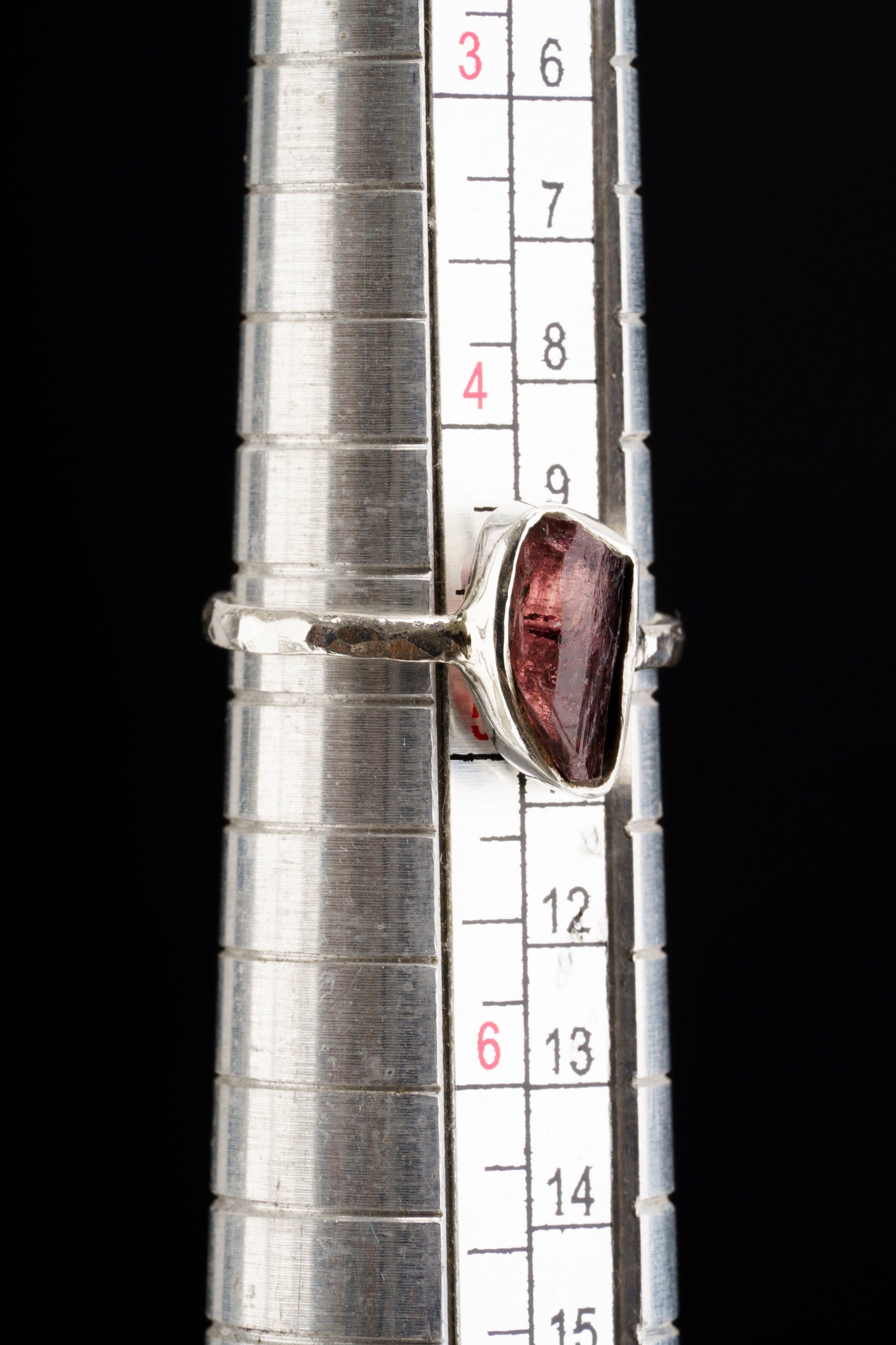 Pink gem Tourmaline Rubellite - Stack Crystal Ring - Size 4 3/4 US - 925 Sterling Silver - Thin Band Hammer Textured