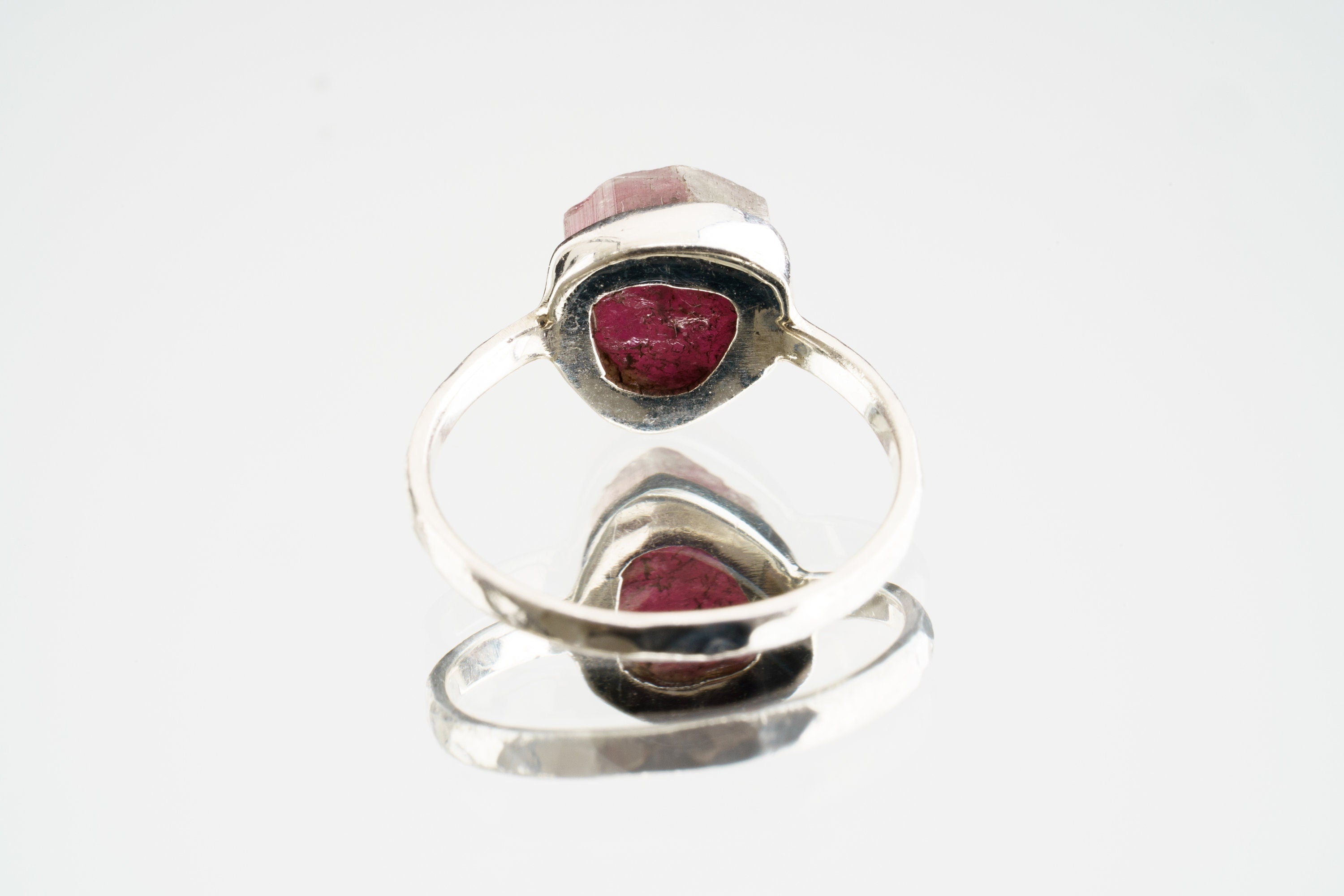 Pink gem Tourmaline Rubellite - Stack Crystal Ring - Size 4 3/4 US - 925 Sterling Silver - Thin Band Hammer Textured