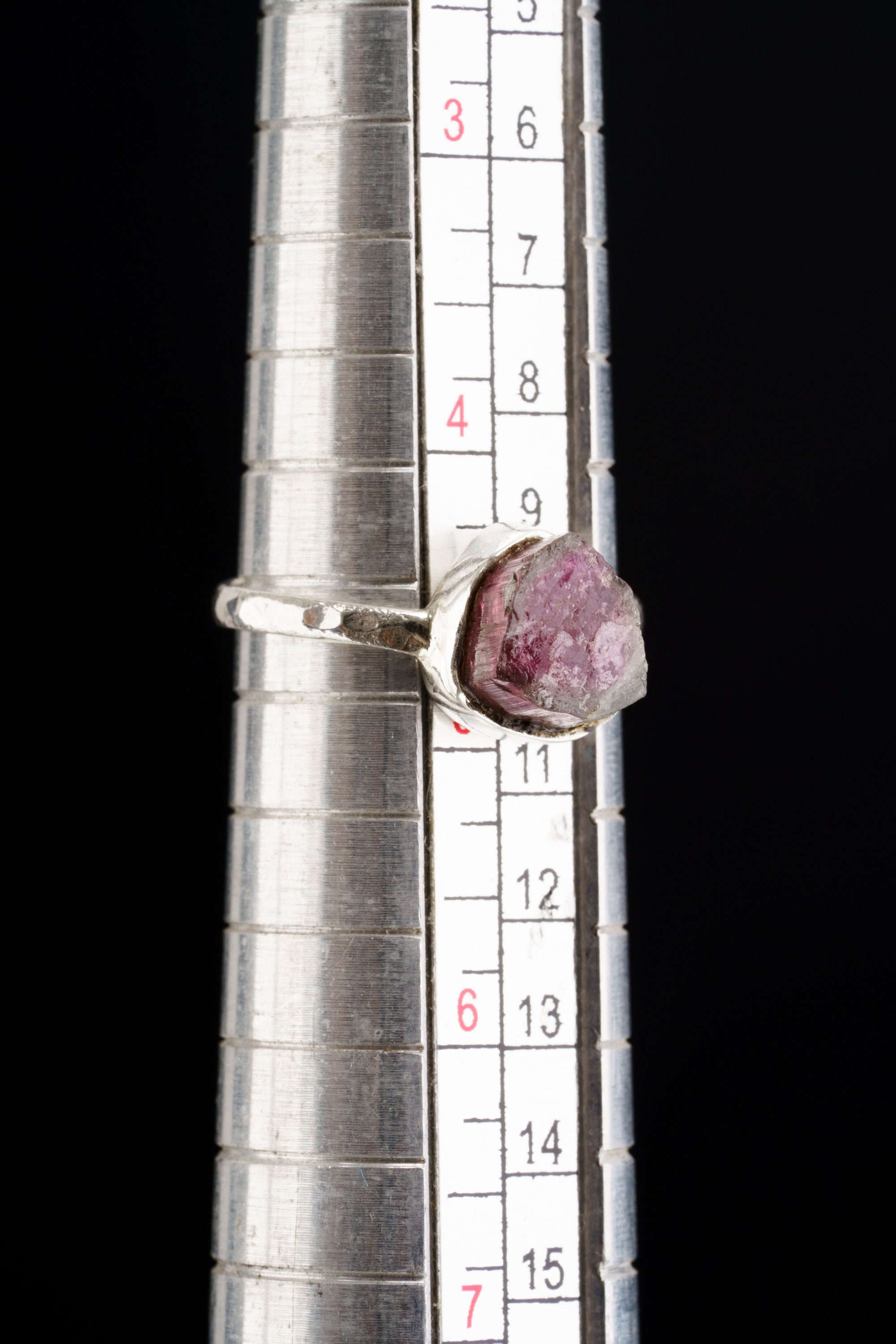 Pink gem Tourmaline Rubellite - Stack Crystal Ring - Size 4 3/4 US - 925 Sterling Silver - Thin Band Hammer Textured