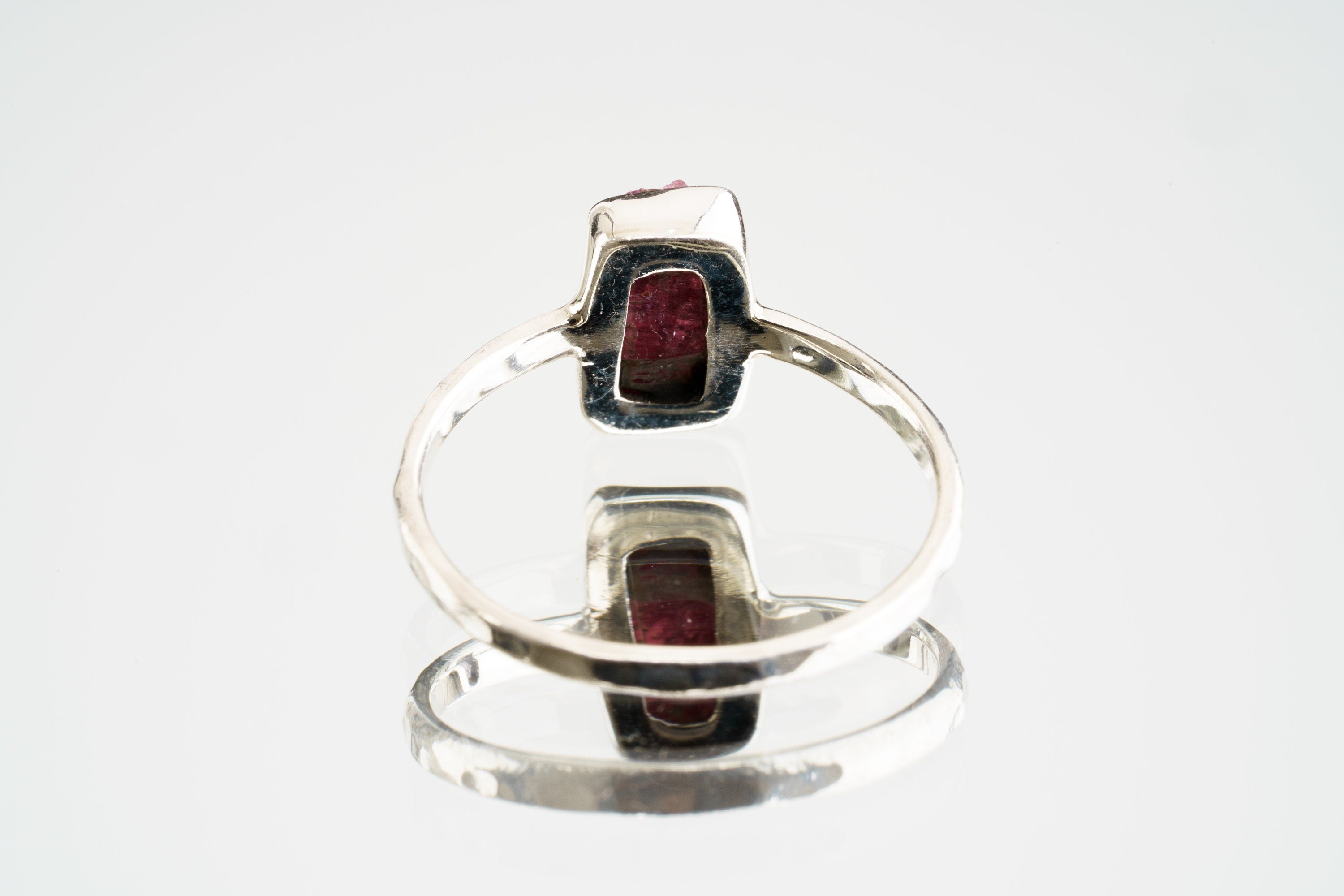 Pink gem Tourmaline Rubellite - Stack Crystal Ring - Size 4 1/2 US - 925 Sterling Silver - Thin Band Hammer Textured