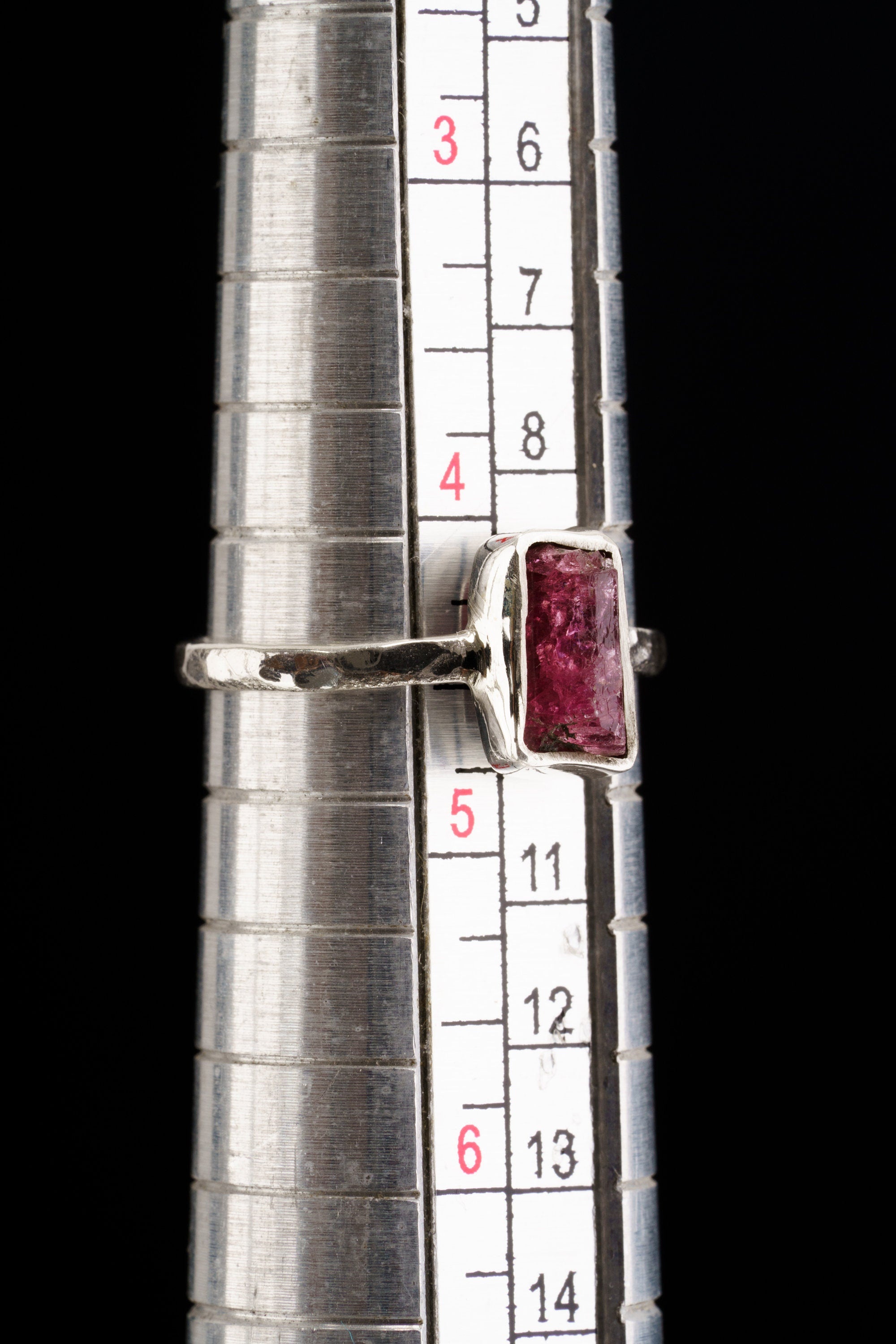 Pink gem Tourmaline Rubellite - Stack Crystal Ring - Size 4 1/2 US - 925 Sterling Silver - Thin Band Hammer Textured