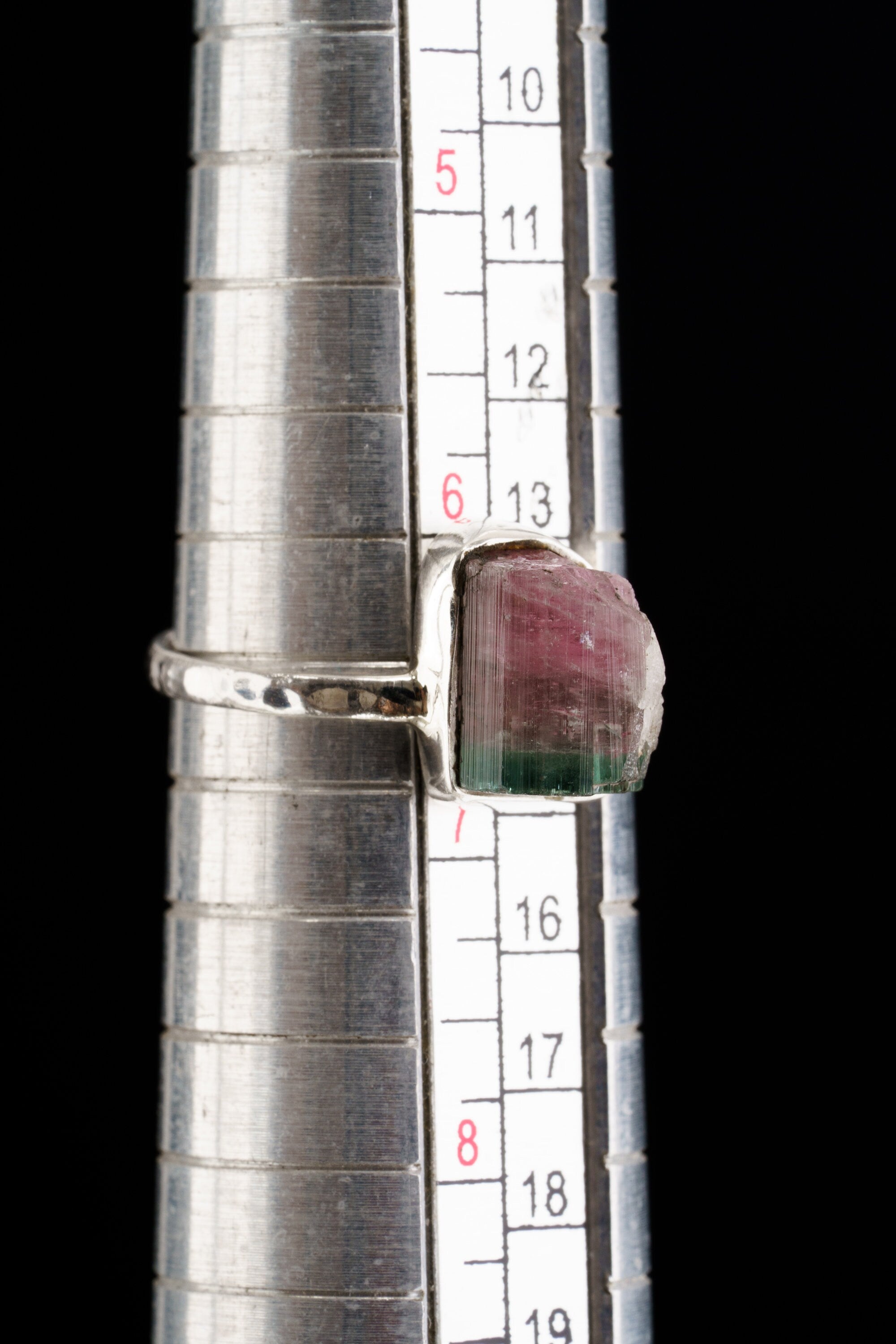 Gemmy Watermelon Tourmaline - Stack Crystal Ring - Size 6 1/2 US - 925 Sterling Silver - Thin Band Hammer Textured