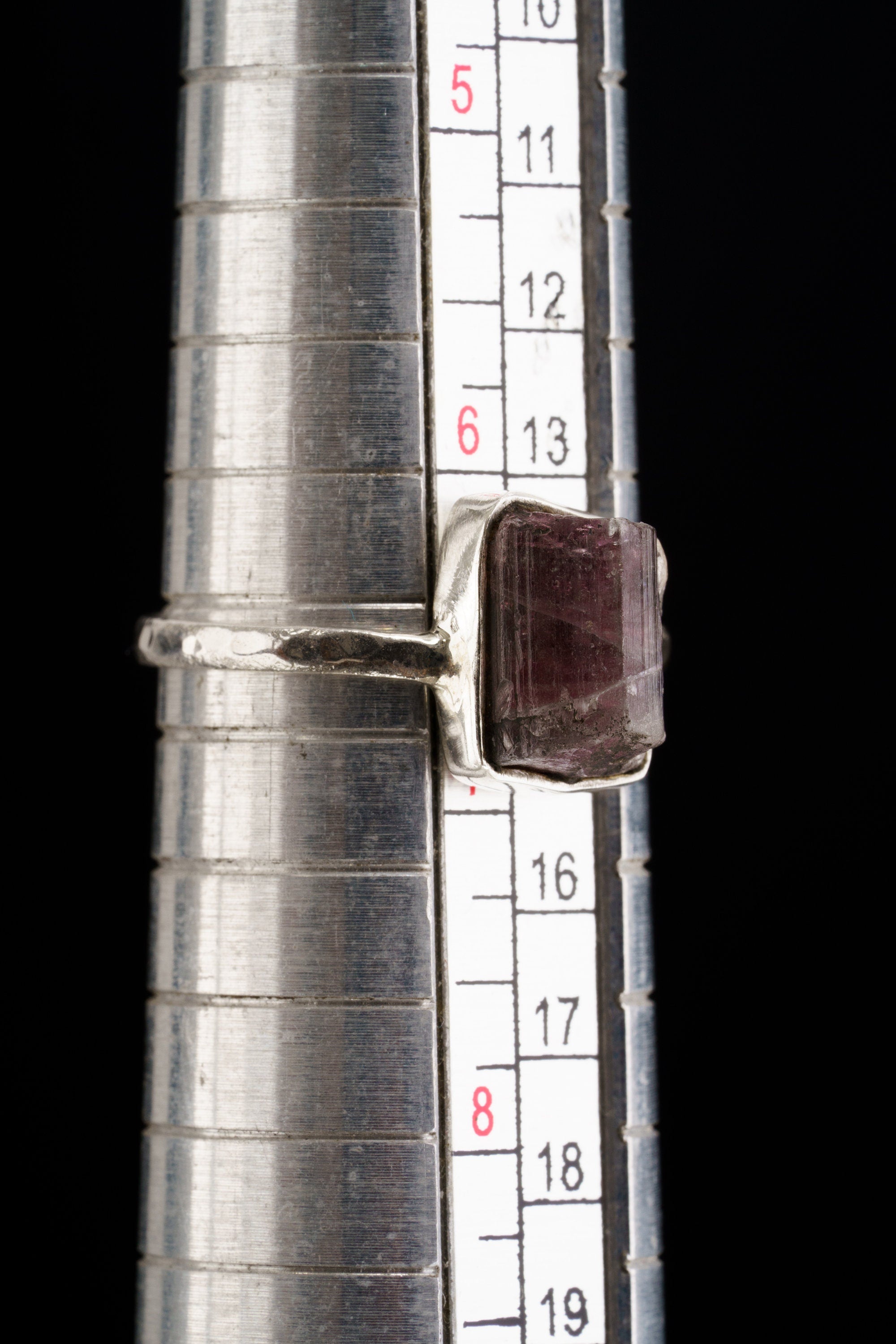 Pink Tourmaline sterling silver ring shown on a mandrel for size reference, appearing around US size 6 to 6.5.