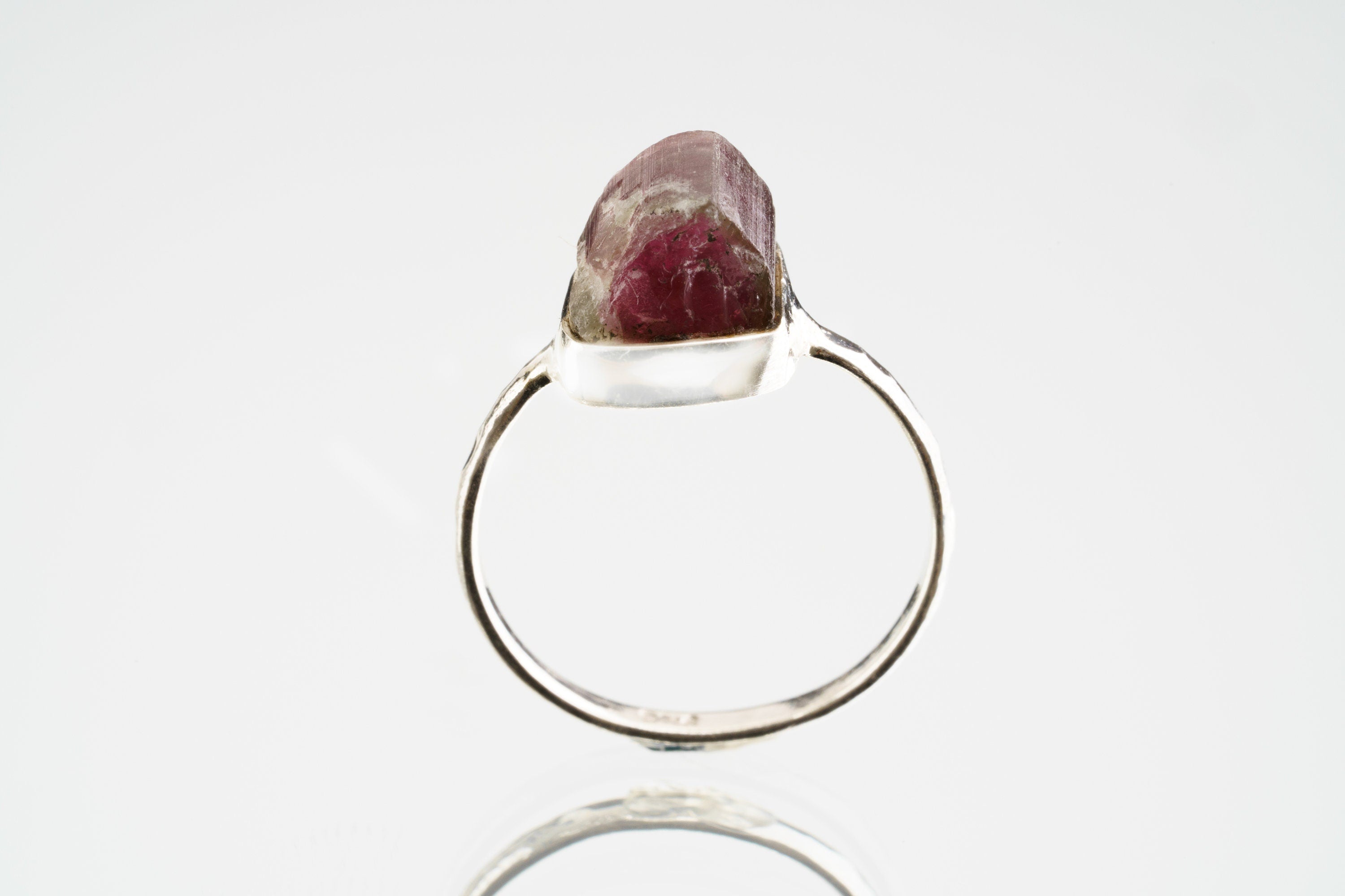 Pink gem Tourmaline Rubellite - Stack Crystal Ring - Size 6 US - 925 Sterling Silver - Thin Band Hammer Textured