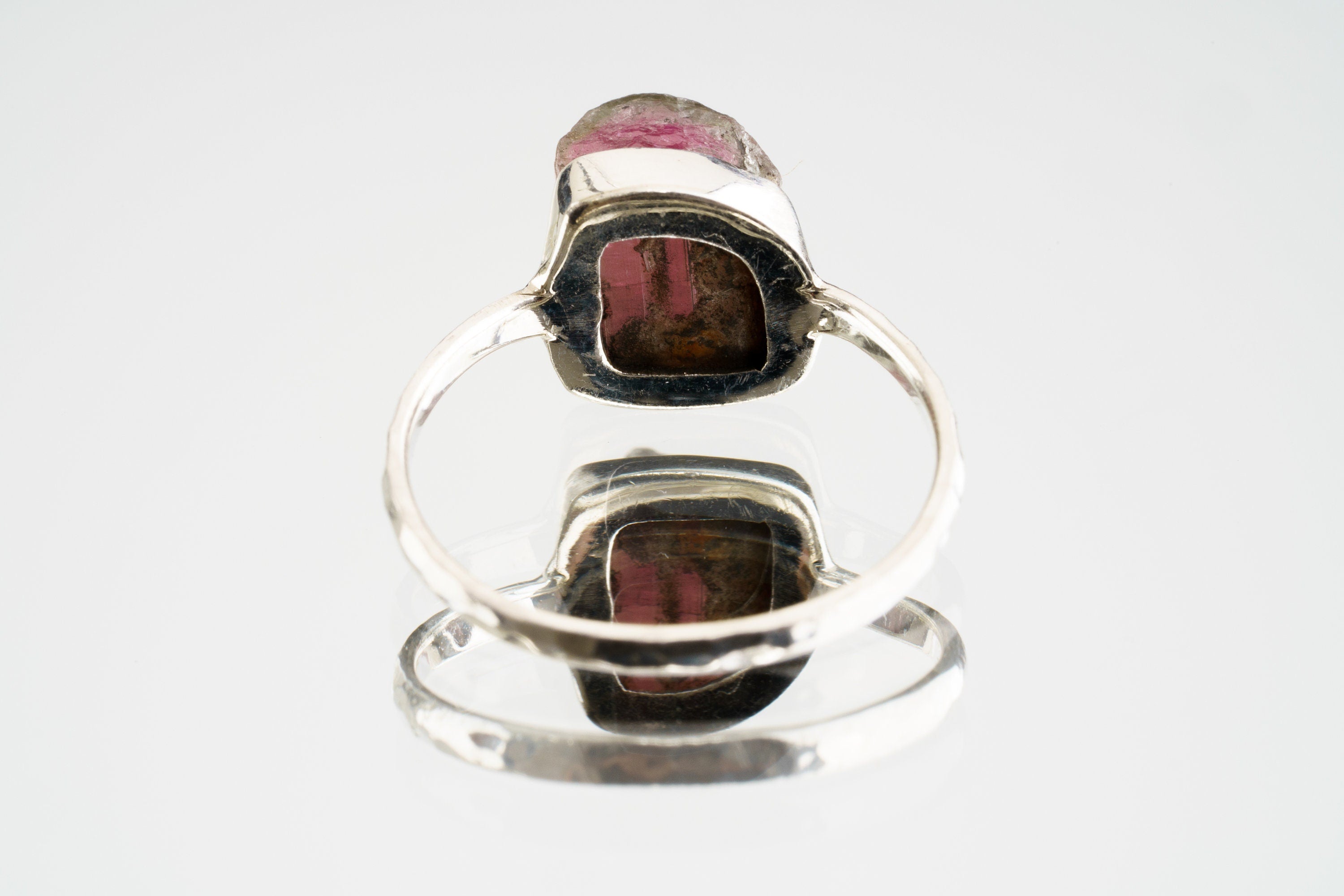 Pink gem Tourmaline Rubellite - Stack Crystal Ring - Size 6 US - 925 Sterling Silver - Thin Band Hammer Textured